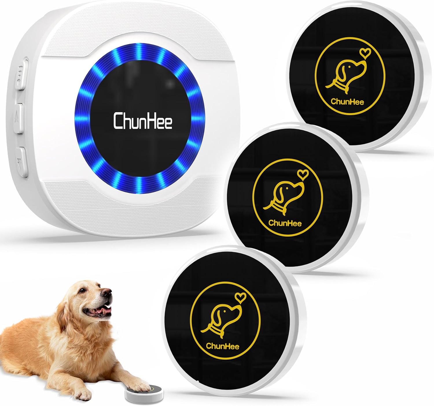 ChunHee Smart Dog Doorbell System components including receiver, three transmitters, and a dog