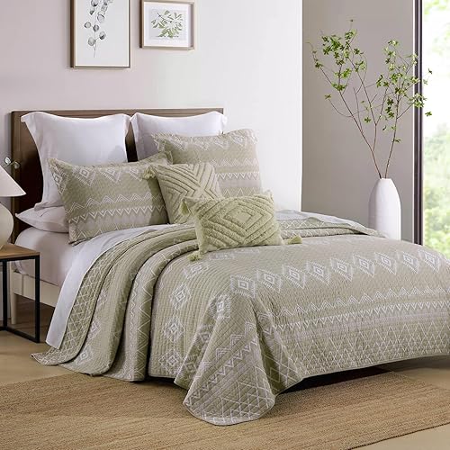 Miniatura 3 de Juego de edredón bohemio tamaño King, 100% algodón, color beige, tamaño King, con 2 fundas de almohada, juego de cama ligero acolchado geométrico