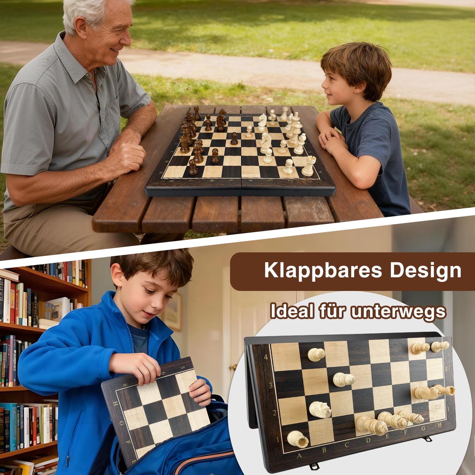 Schachspiel Holz Magnetisch – Faltbares Schachbrett 39 cm, Hochwertiges Wooden Chess Board mit 34 Staunton Figuren inkl. Extra Damen, Tragbares Schachspiel für Erwachsene & Kinder