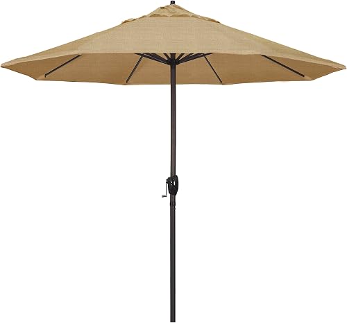 California Umbrella 12-Year Protection 9-Ft Outdoor Patio Umbrella, Sunbrella Fade-Resistant Acrylic Fabric, Auto Tilt and Crank, Heavy-Duty Aluminum Frame/Reinforced Ribs, Bronze Pole, Linen Sesame