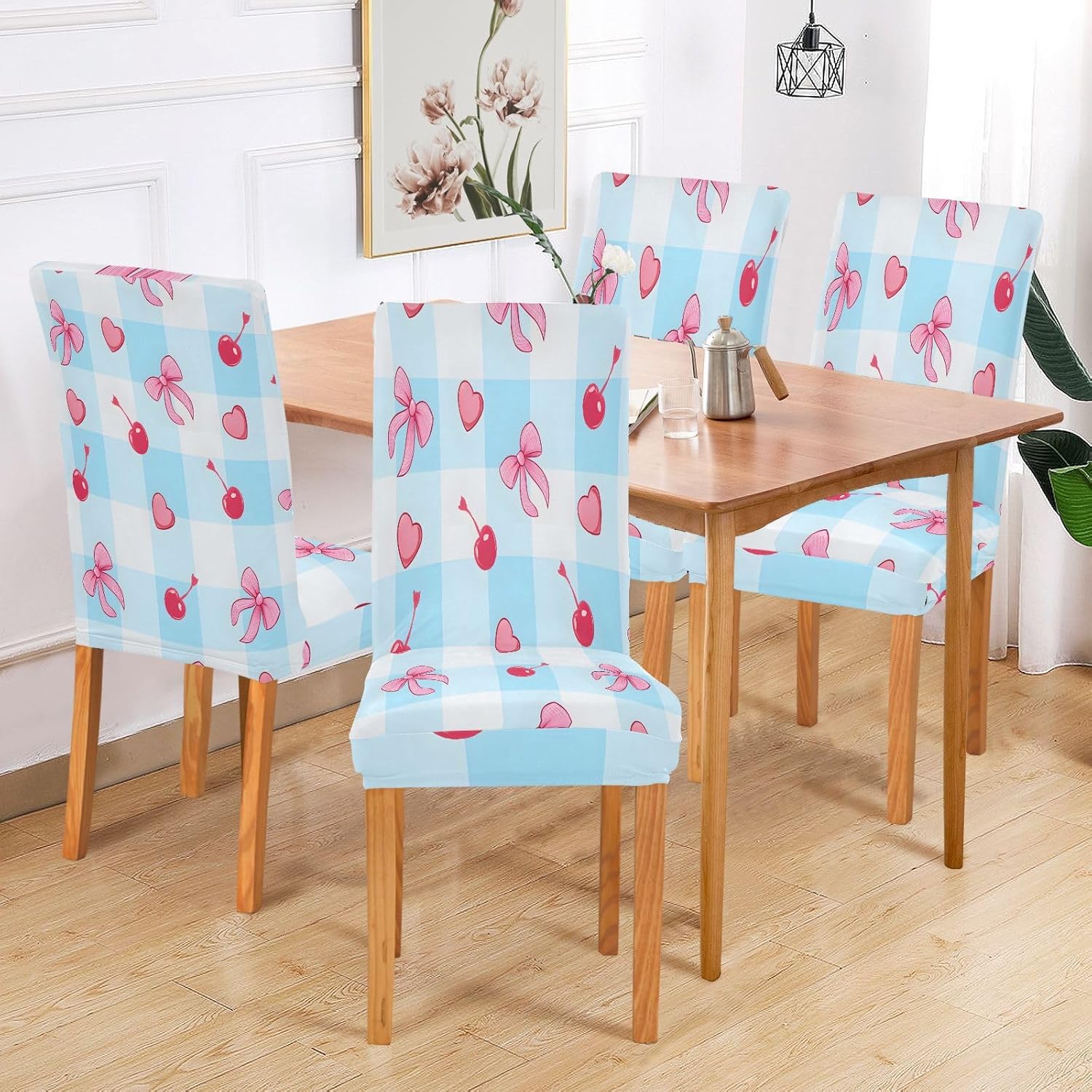 ALAZA Chair Covers for Dining Room, Blue Checkered Background Bow Pattern Stretch Chair Cover Sets Chair Protector Removable Washable for Ktichen Restaurant Hotel