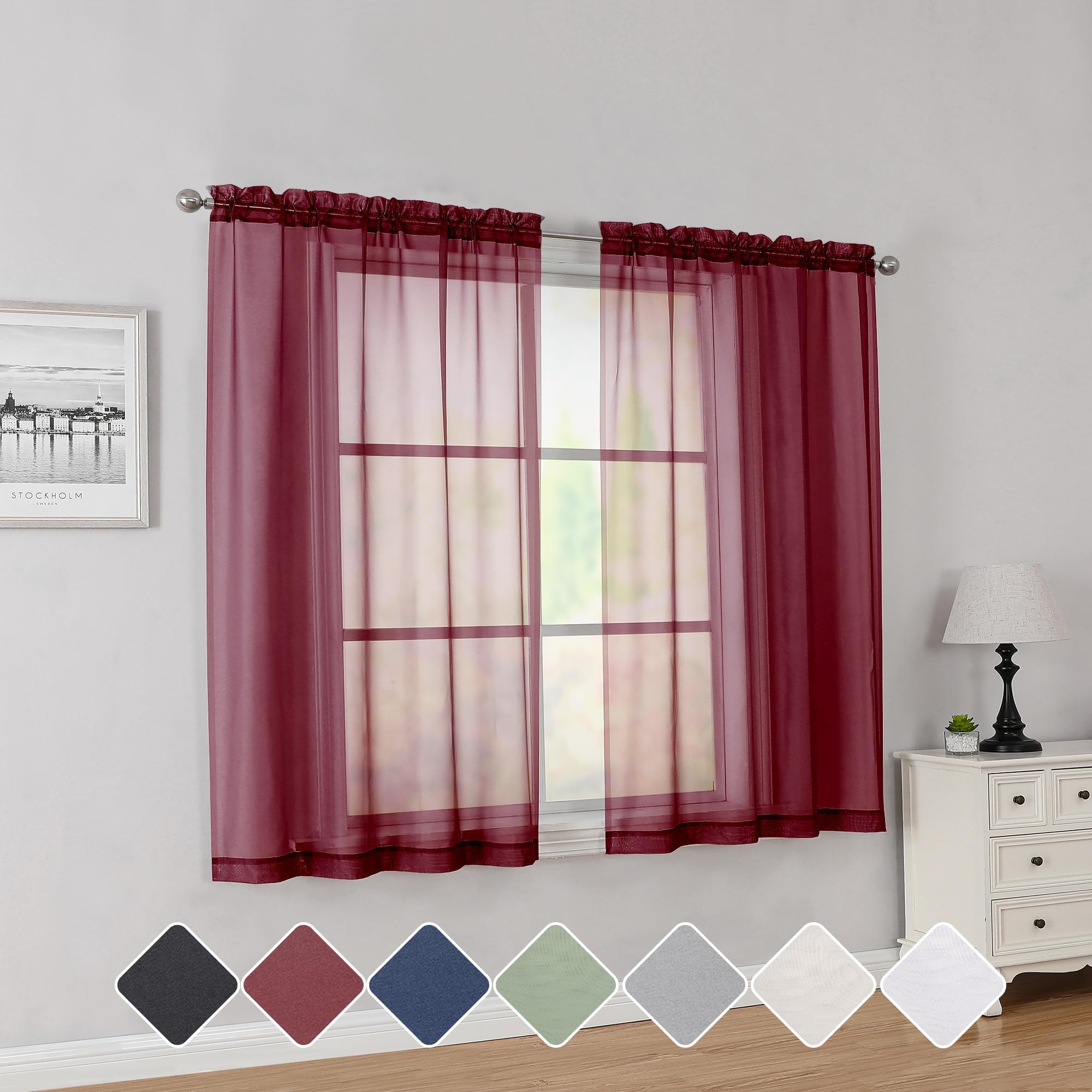 Simplebrand Red Short Sheer Curtains 45 Inch Length for Small Windows, Rod Pocket 2 Panels Set Solid Voile Drapes Window Sheer Curtains for Bedroom Bathroom Kids Room Kitchen, 42x45 Inch, Burgundy