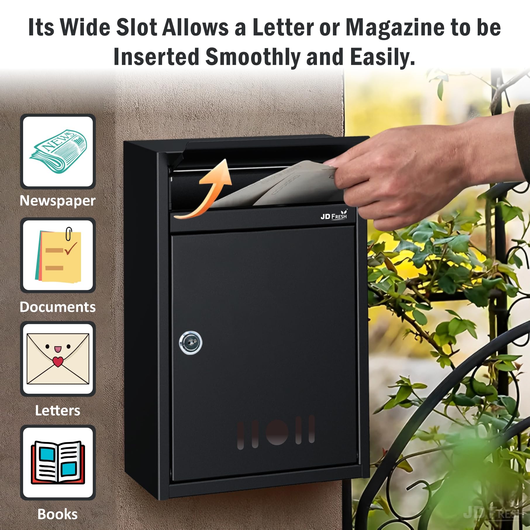 JD FRESH Wall Mount A4 Size Letter Box/Mail Box/Suggestion Box/Complaint Box for Office/Post Box for Home gate with Clear Window View & Secure Key Lock - (Black) 4