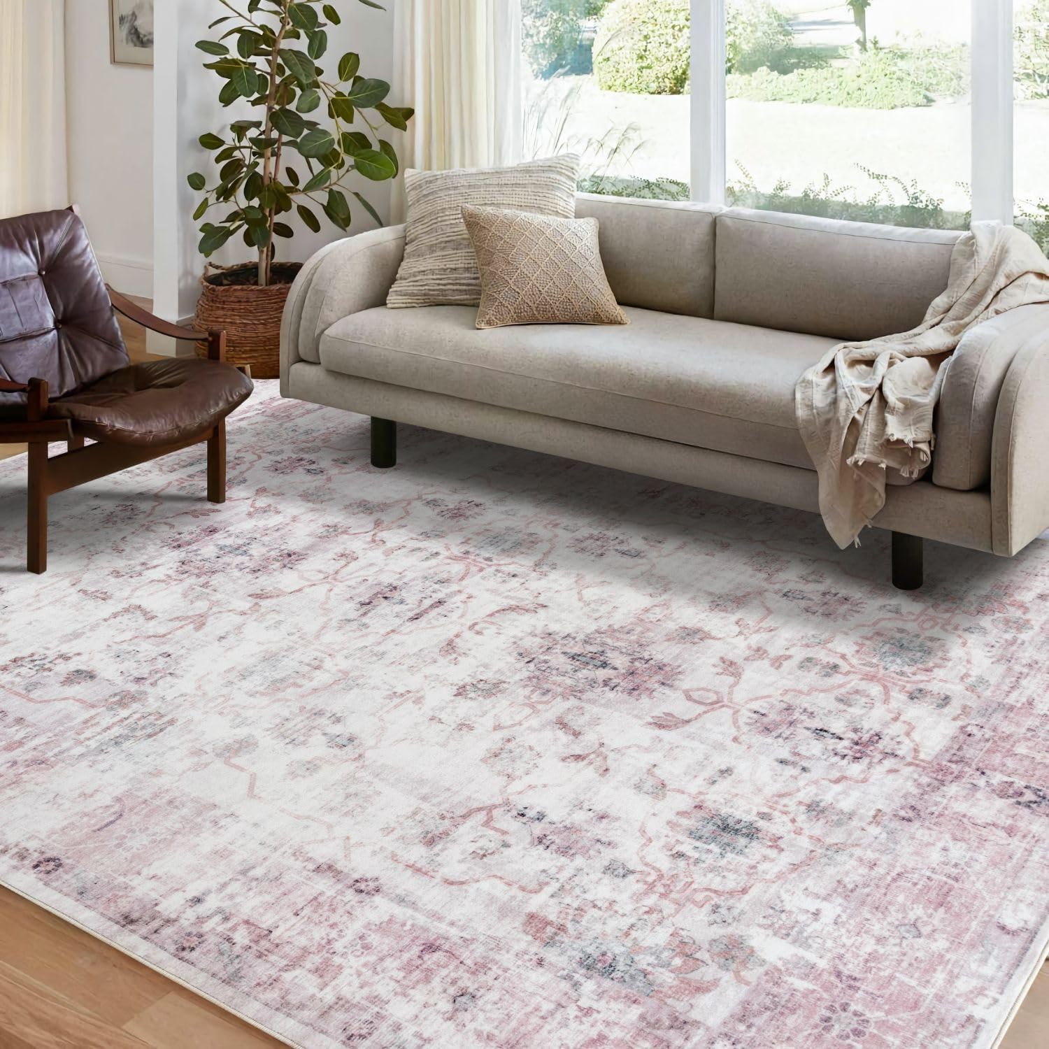 syalife 9x12 washable area rug, ultra soft non-slip, low pile, stain resistant vintage area rug for living room, boho carpet for bedroom, dining room, office, foldable large rugs, pink/muiti 9' x 12' (rectangular) pink/muiti