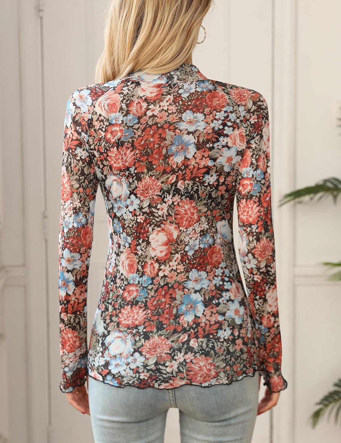 Ugerlov Womens Lace Long Sleeve Mesh Top Floral Mock Neck See Through Going Out Top with Thumb Hole Party Outfits Shirts - Image 3