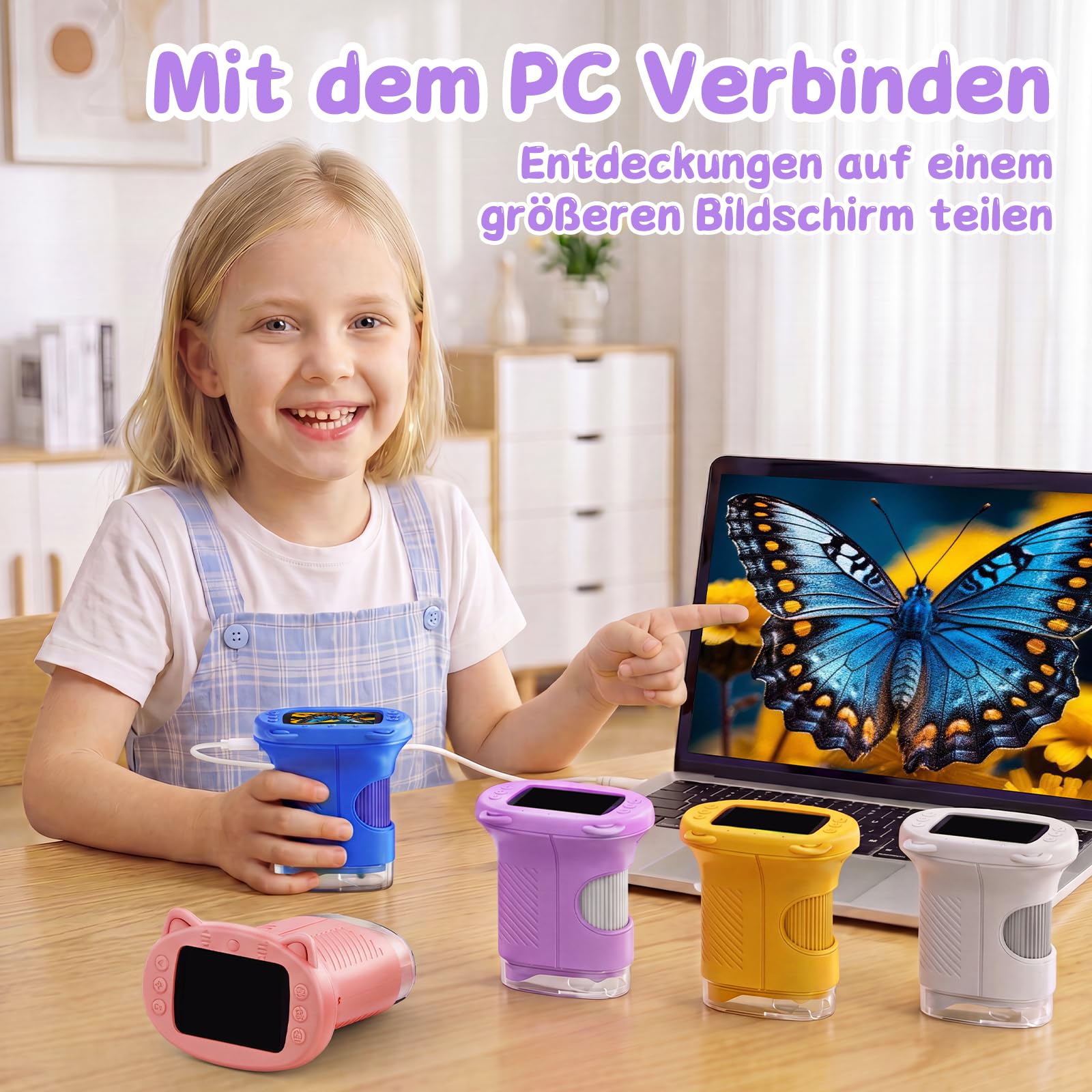 Tragbares Mikroskop für Kinder, 1000x Digitales Handmikroskop Kinder mit 2,4 Zoll IPS Bildschirm, Fotofunktion und PC-kompatibel, Kindermikroskop für Garten, Wald und Outdoor (Lila)