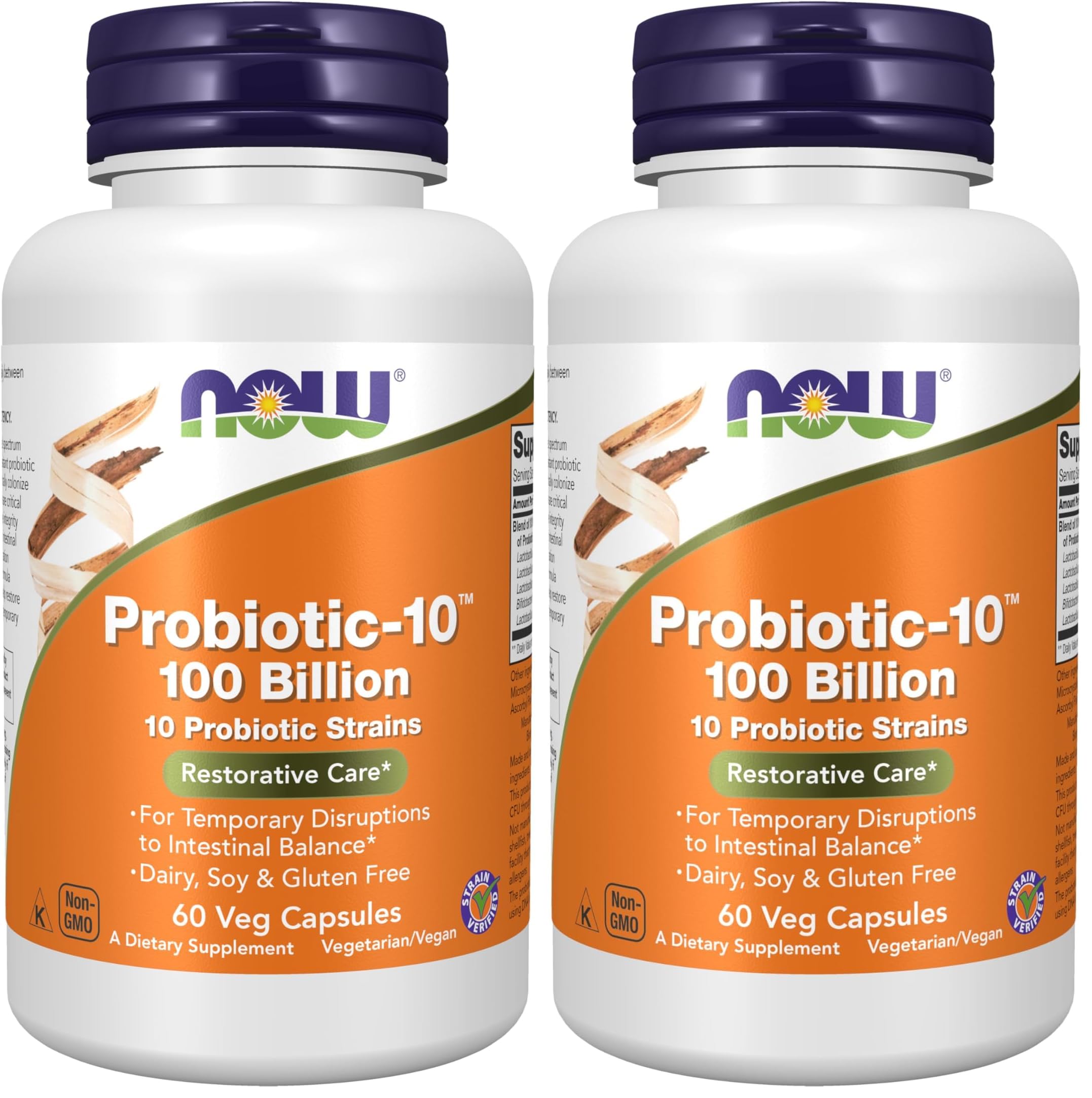 NOW Foods Supplements,Probiotic-10™,100 Billion,with 10 Probiotic Strains,Dairy,Soy and Gluten Free,Strain Verified,60 Veg Capsules,(Pack of 2) 60 Count (Pack of 2)