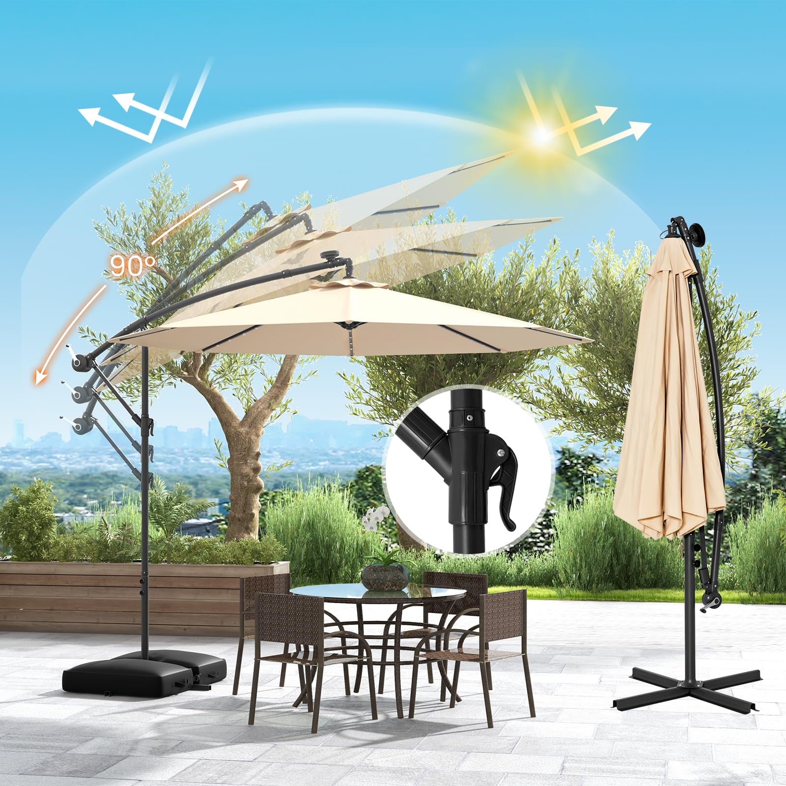 GYMAX Ombrellone da Giardino 3x3 M con 40 Luci LED Solari, Ombrellone da Esterno con 2 Sacco di Sabbia, con Altezza Regolabile, con Manovella, Giardino Patio Terrazzo Caffetteria Ristorante