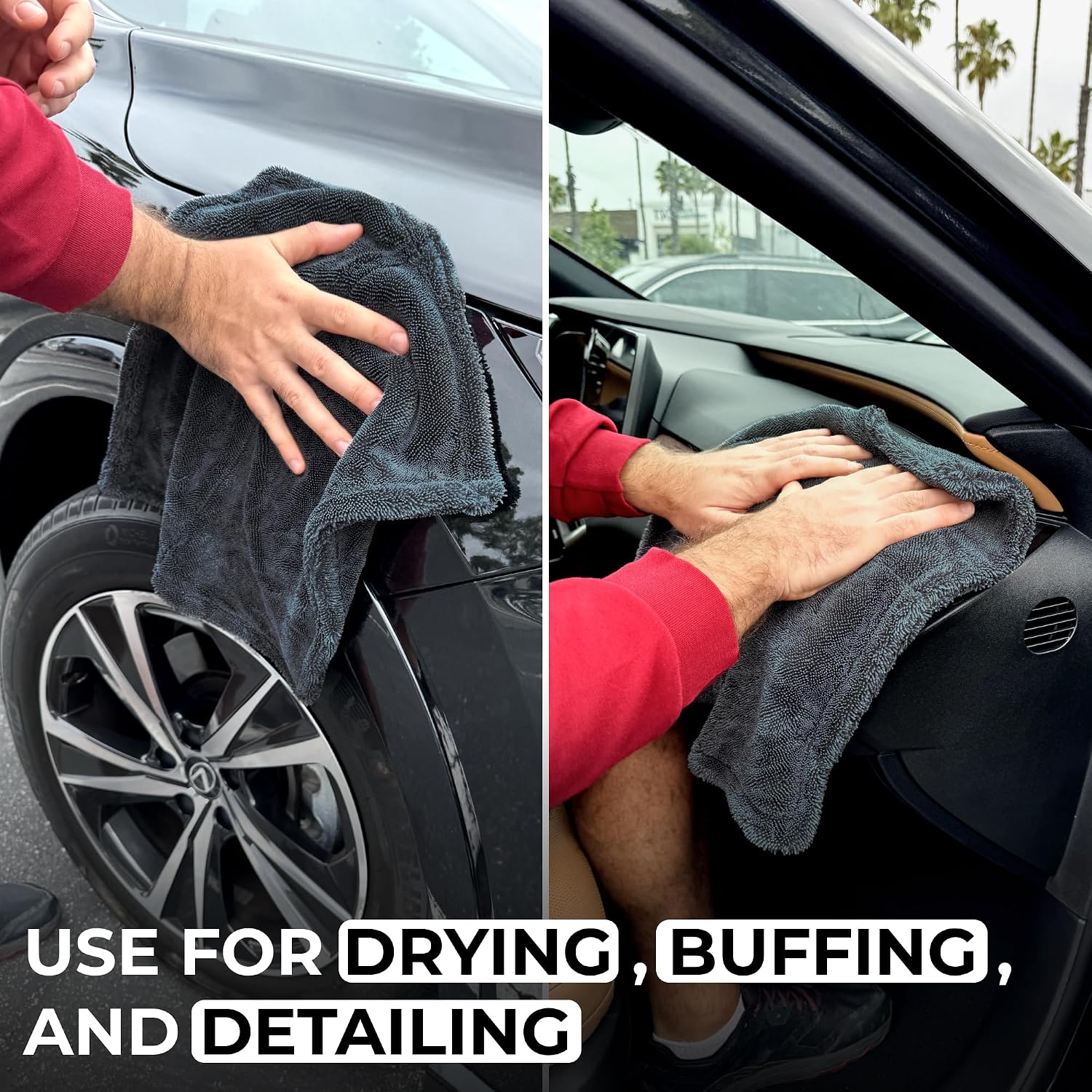 2X Medium Car Drying Towel, 1300 GSM Professional Car Towel with Double Twisted Loop,Super Absorbent Large Microfiber Drying Towels for Cars, Trucks, SUVs - 16"x16" 2-Pack, Gray