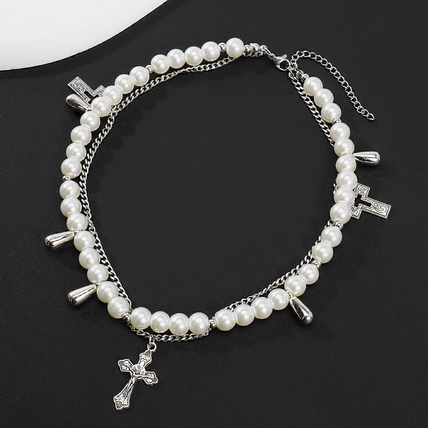 Bocar Gothic Cross Layered Pearl Necklace Chunky Statement Stacked Necklace Y2K Silver Layered Necklace for Women (NK-10769) - Image 5