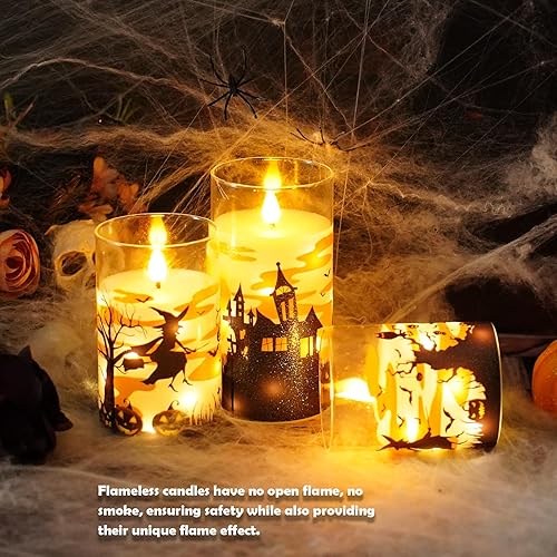 Miniatura 6 de Velas sin llama de Halloween con control remoto, velas LED naranjas y tira de luces, carcasa de cristal, juego de 3 unidades (3 pulgadas de