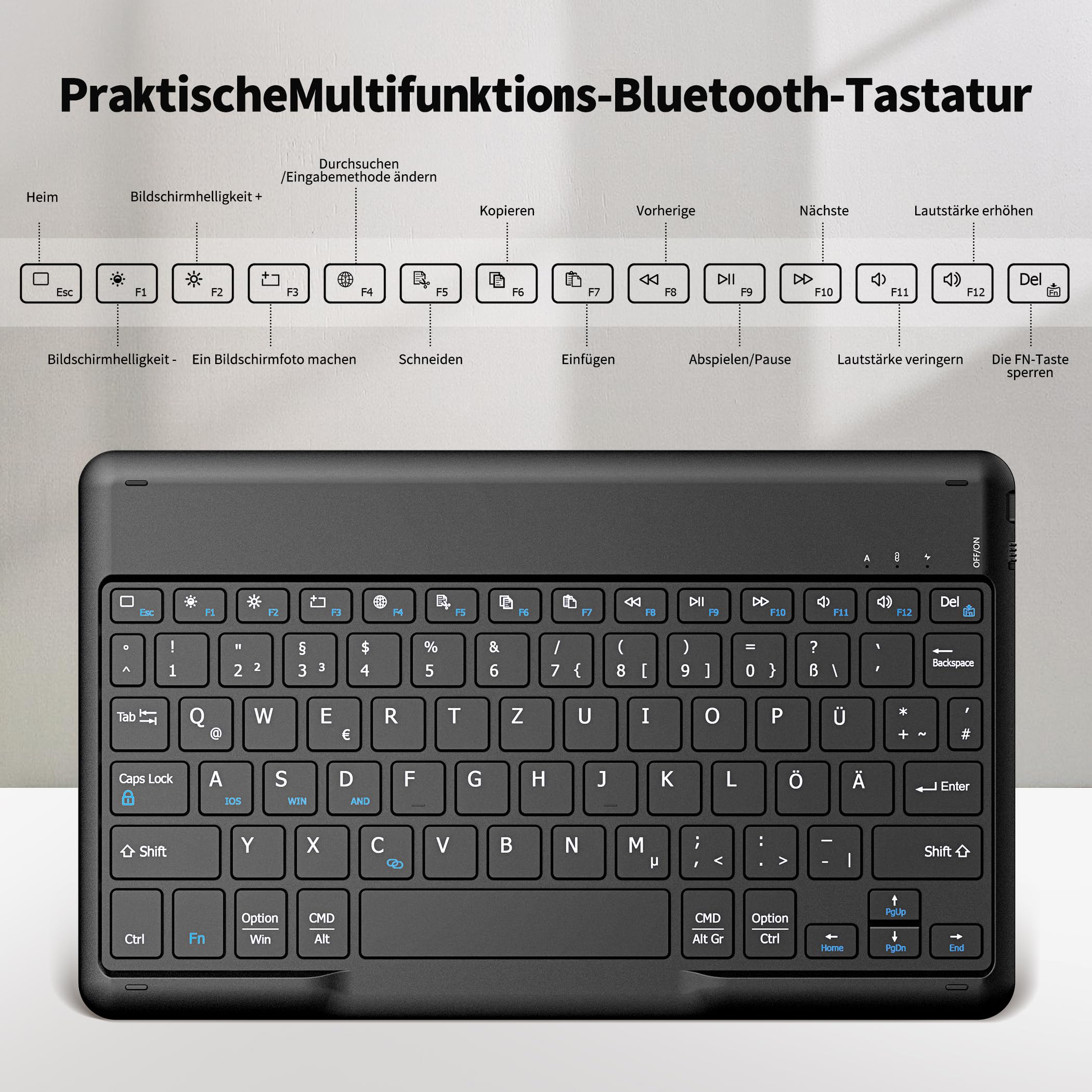 EasyAcc Clavier Bluetooth Allemand pour iPad Air/iPad Pro/iPad 10/10.2/9.7/iPhone/Samsung/Android, Rechargeable, QWERTZ, Portable, sans Fil, Ultra Fin, Noir