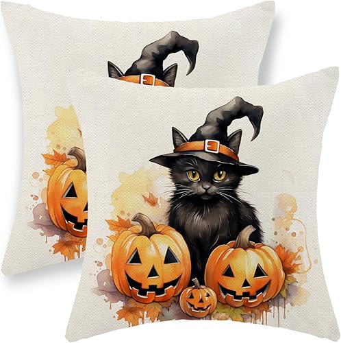 Fundas de almohada de Halloween de 18 x 18 pulgadas, juego de 2 fundas de almohada de gato negro con calabaza, decoraciones de Halloween, fundas de