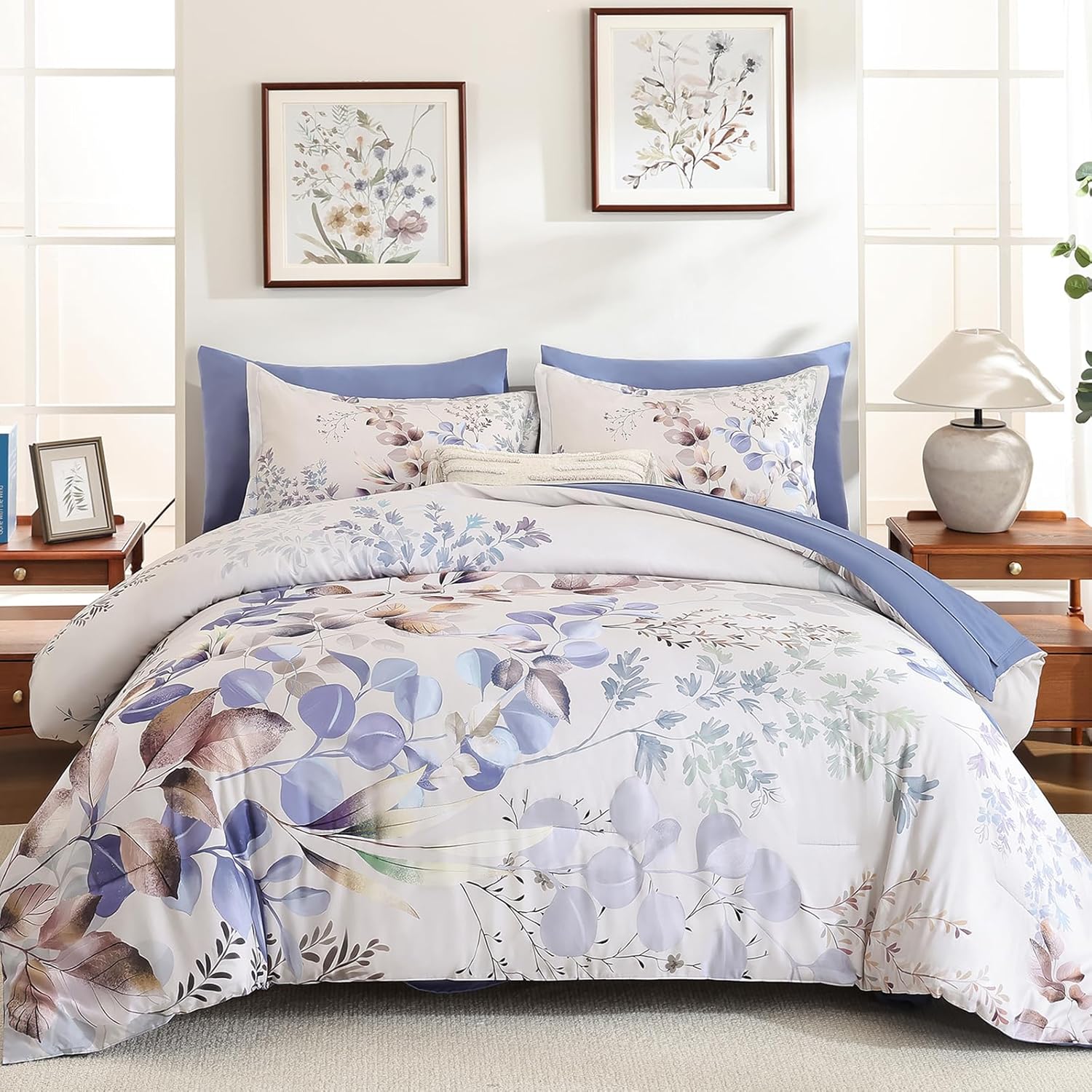 Xruibed Beige Comforter Set Queen Size 7 Pieces Bed in a Bag, Botanical Floral Print Bed Sets, Flower Comforter with Sheet Set, Soft Microfiber Neutral Bedding Set for All Season (Beige, 90"x90") - Image 8