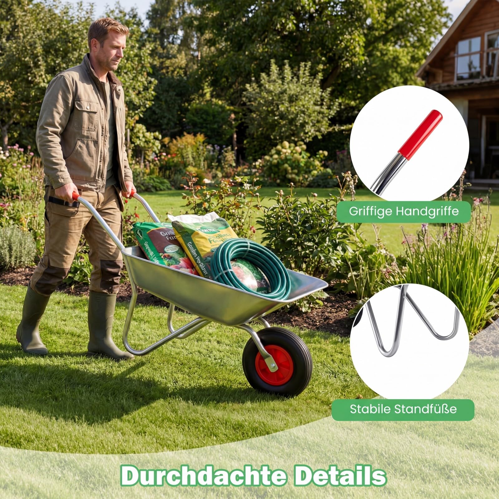 COSTWAY Schubkarre aus verzinktem Metall, 32 cm Gummireifen, Bauschubkarre mit 2 Griffen, Gartenschubkarre bis 136 kg, Schiebkarre Kippwagen Garten, Silber