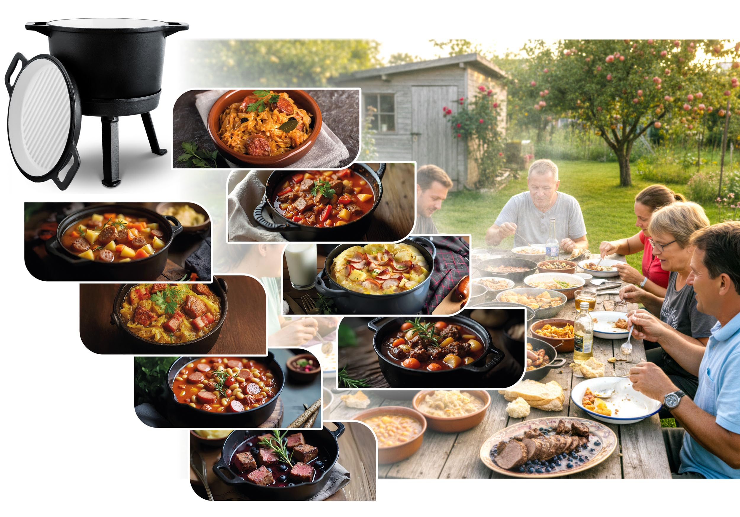 Berdsen Gusseisen Topf 8 L Dutch Oven - Emailierter Feuertopf für Lagerfeuer und Grill - 2-in-1 Deckel als Pfanne nutzbar - mit 3 Beinen und Aufhängebügel - inkl. Rezeptbuch - Schwarz