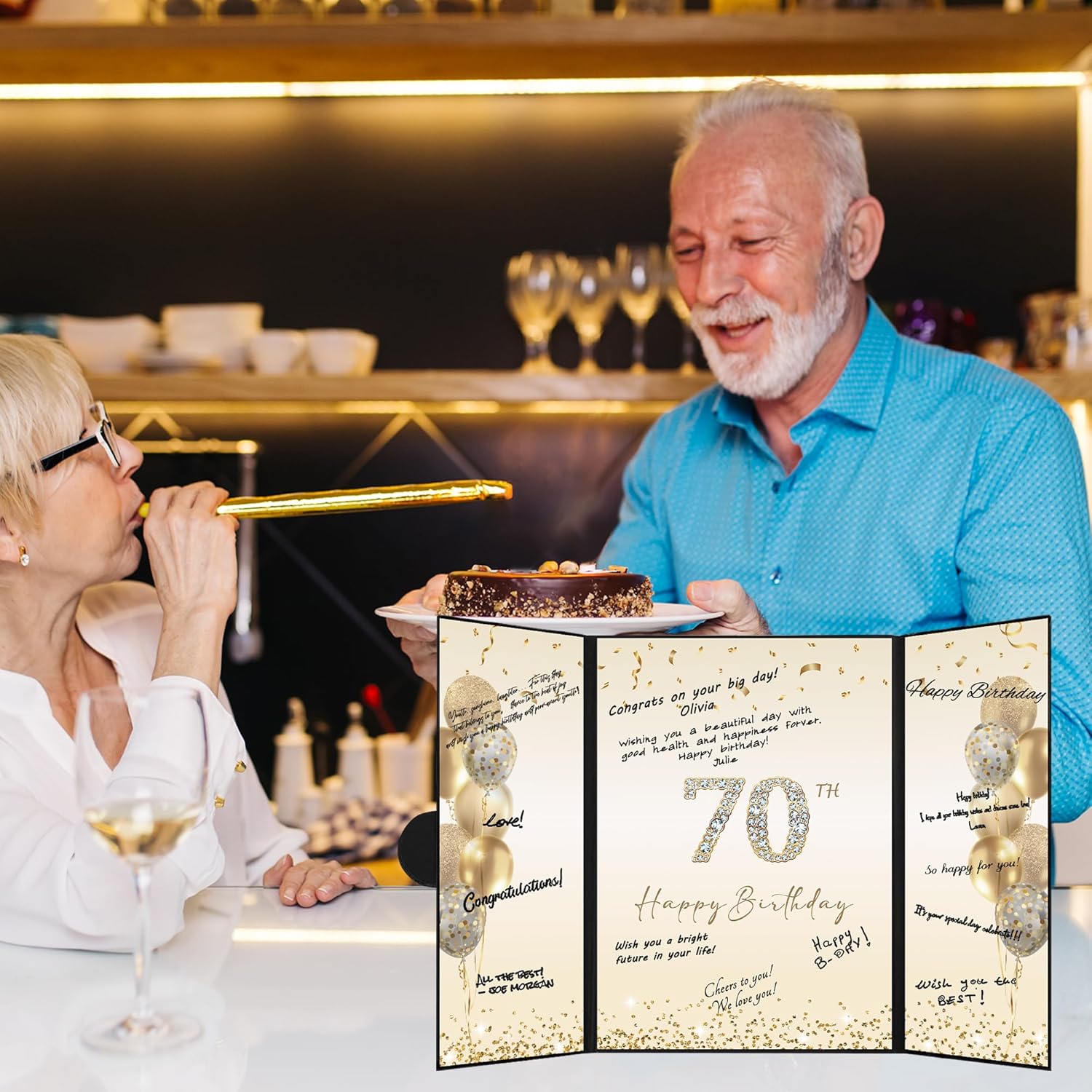 DARUNAXY Black Gold 70th Birthday Party Decorations, Happy 70th Birthday Alternative Signature Guest Book for Men Women Cheers to 70 Years Old Gifts 70 Birthday Signing Card Board Party Supplies - Image 7