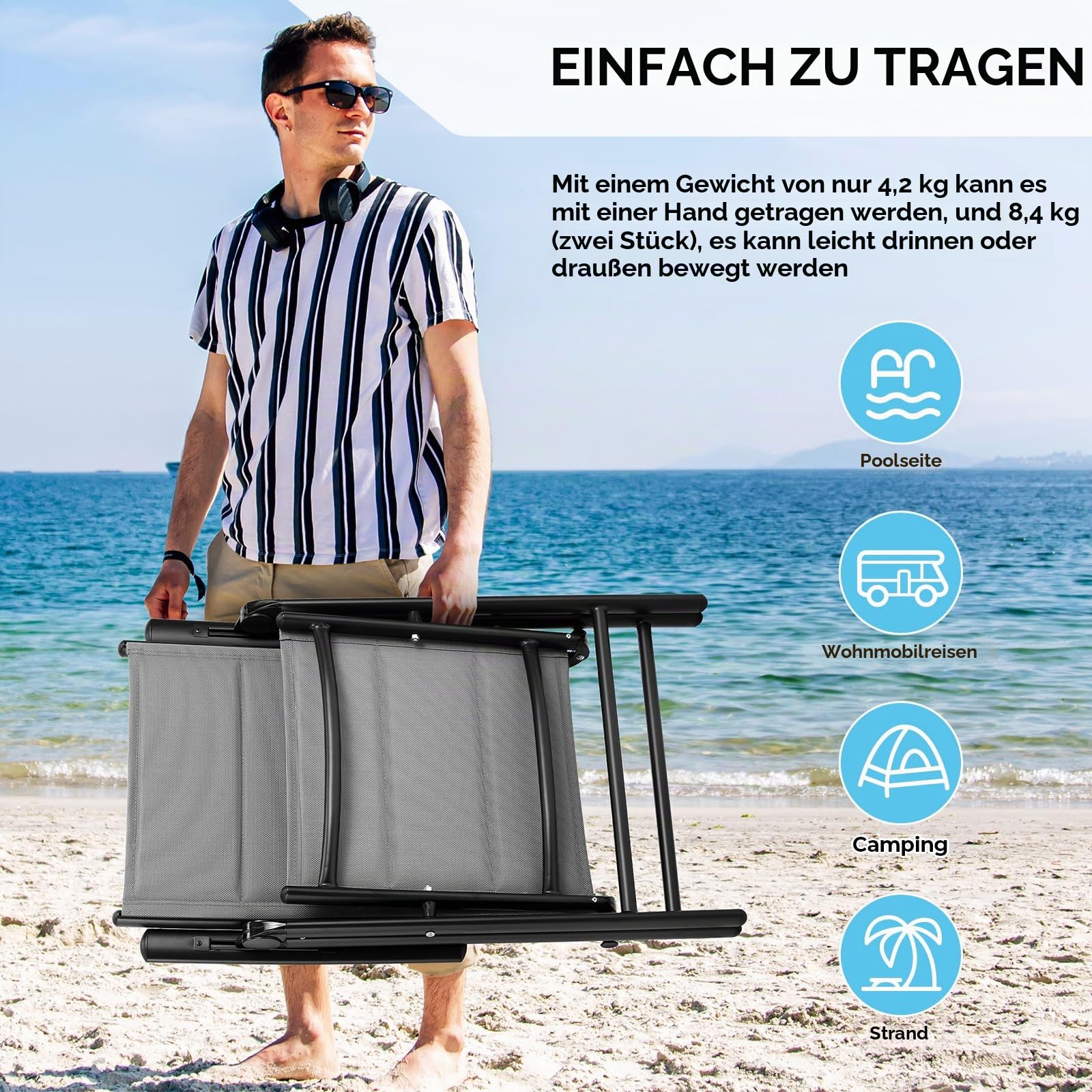 Clevich Gartenstuhl Alu 2er Set, Klappstuhl, 7-Fach Verstellbar, Maximale Belastbarkeit 120 kg, Wasserdicht, Geeignet Für Balkon, Camping,Garten, Hochwertiger Outdoor Klappstuhl (grau)