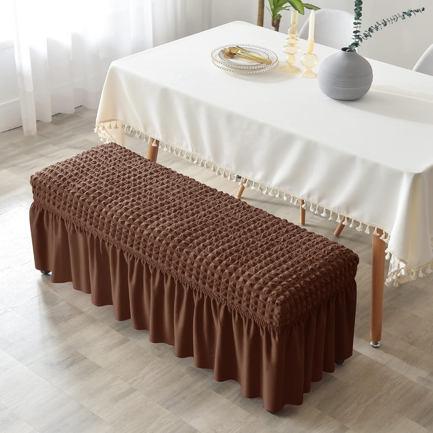 CONRUSER Dining Room Bench Covers, Stretch Bench Slipcovers Soft Bench Protector with Skirt Washable Bench Seat Cover for Living Room and Kitchen (Brown, Large)