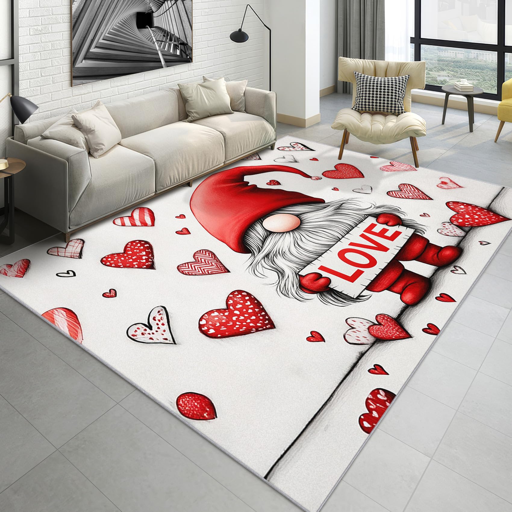 MMYAOKEN Gnome Rugs for Bedroom - Gnome Home Decor, Cute Heart Love Rugs 5x7, Valentine's Day Area Rug for Living Room Bedroom, Washable Non Slip