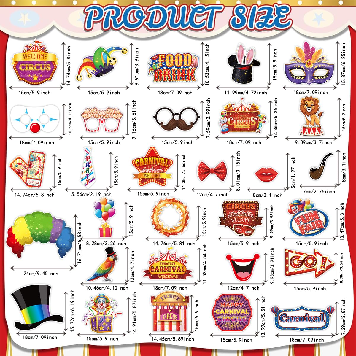 Accesorios para fotomatón de carnaval, 30 piezas de decoraciones de carnaval, decoraciones de fiesta temática de circo, accesorios divertidos para selfies para fiestas temáticas de circo