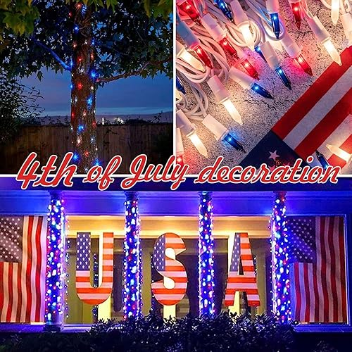 Miniatura 2 de 150 luces rojas, blancas y azules, extrabrillantes con conectores finales, luces decorativas de Navidad de 31.9 ft con certificación UL, juego de