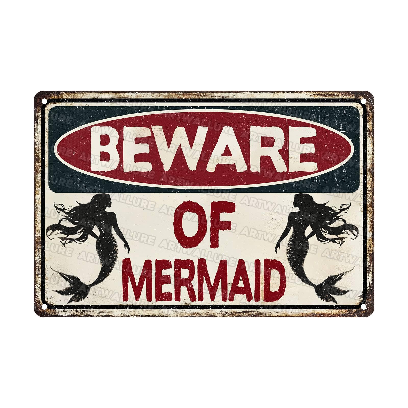 Mermaid Vintage Sign Warning Beware of Mermaid Metal Tin Sign for Men Home Decor tin Art Decor 8x12Inch