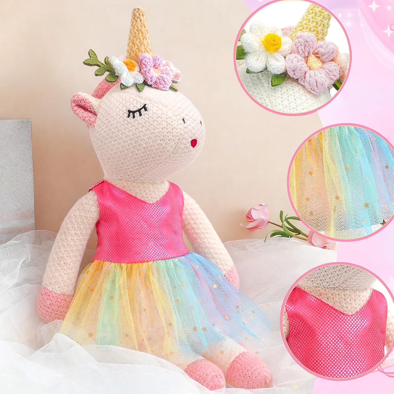 Unicorn Ballerina Doll for Girls 3-6 Plush Stuffed Unicorn with Pink Ballet Tutu, Rainbow Dress, 3-Piece Ballet Outfit, Pink Ballet Bag Birthday Gift & Pretend Play Toy for Girls