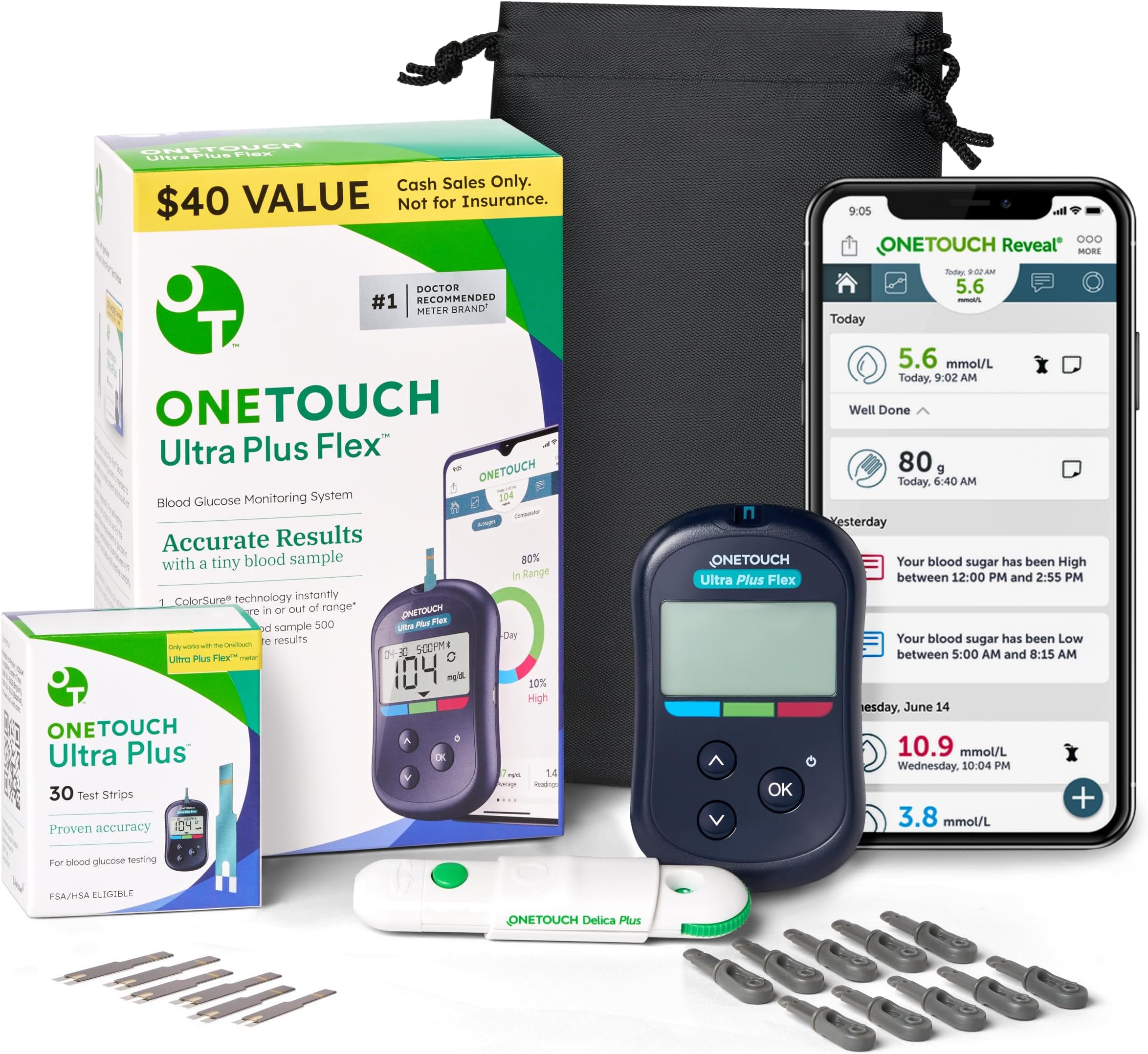Ultra Plus Flex Test Kit - Includes Blood Glucose Meter, 10 Lancets, Lancing Device, 30 Strips & Carrying Pouch - Diabetes Care Supplies