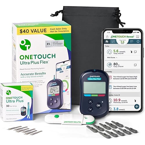 OneTouch Ultra Plus Flex Test Kit - Includes Ultra Plus Flex Blood Glucose Meter, 10 Lancets, Lancing Device, 30 Test Strips & Carrying Pouch - Diabetes Care Supplies