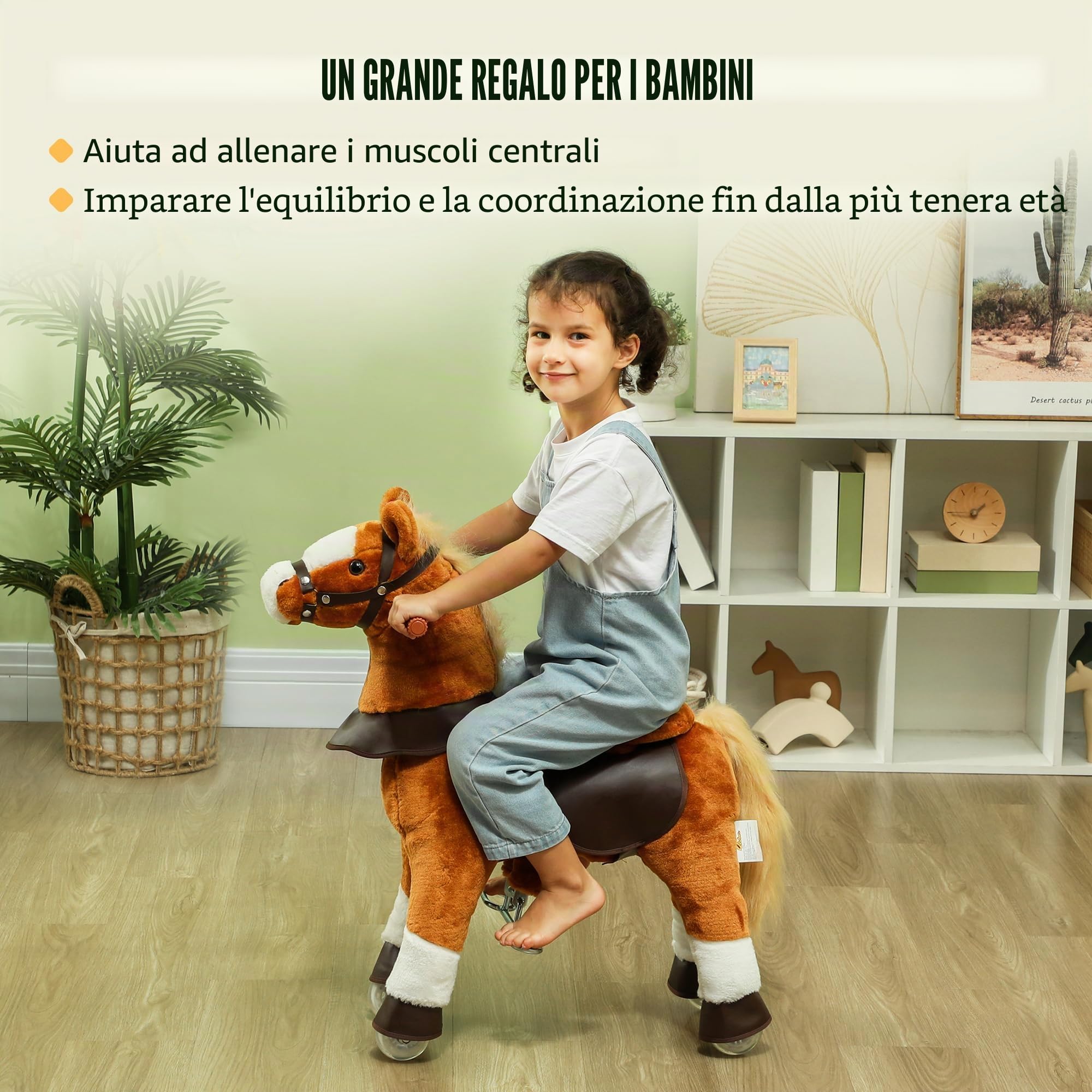 Qaba Cavallo dondolo ruote bambini 3-5 anni fino 60 kg Marrone | Giocattolo cavallo da passeggio, peluche cavalcabile, suono del nitrito