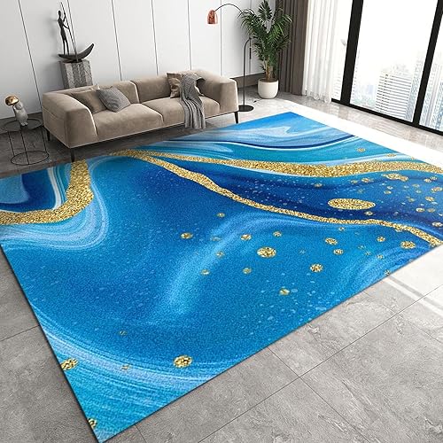 Miniatura 53 de Alfombras clásicas de mármol azul real, alfombra de lujo con tinta salpicada dorada para sala de estar, suave, lavable, resistente a la estilo-02