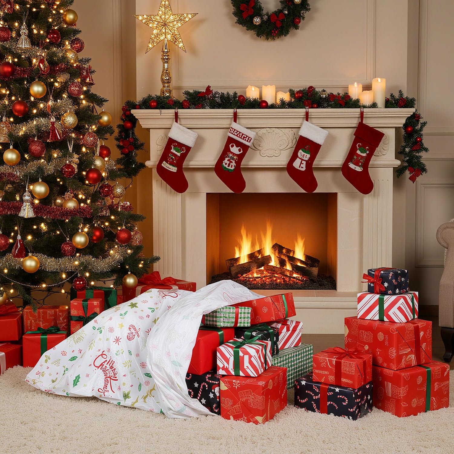 Boao 1 Set Large Christmas Tree Disposal Storage Bag 9 ft Xmas Tree Removal Storage and Plastic Cover with Golden Ribbon Pull Bow Tall Removal and Disposal Bag(Christmas Element)