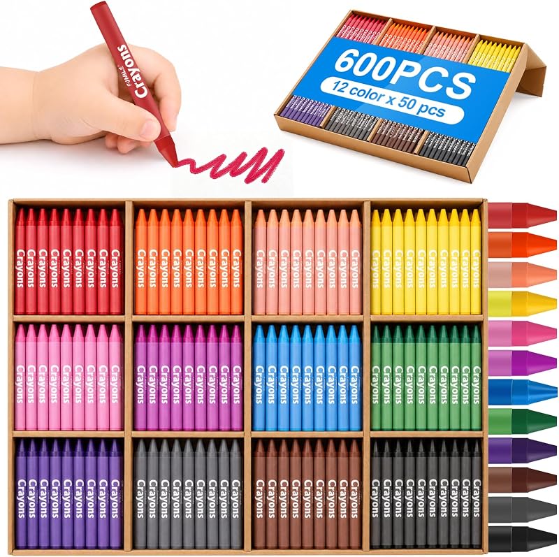 Bulk Crayons Class Pack, Non-Toxic Easy-Hold Crayon for Kids, 600ct | Teacher Classroom Must Haves-12 Vibrant Colors, Washable, Perfect for Preschool, Kindergarten and Elementary Art Projects