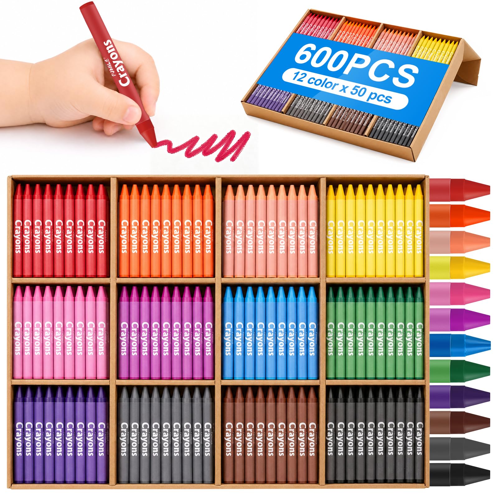 FUMILE Bulk Crayons - Confezione di pastelli per bambini, atossici, facili da impugnare, 600 ct