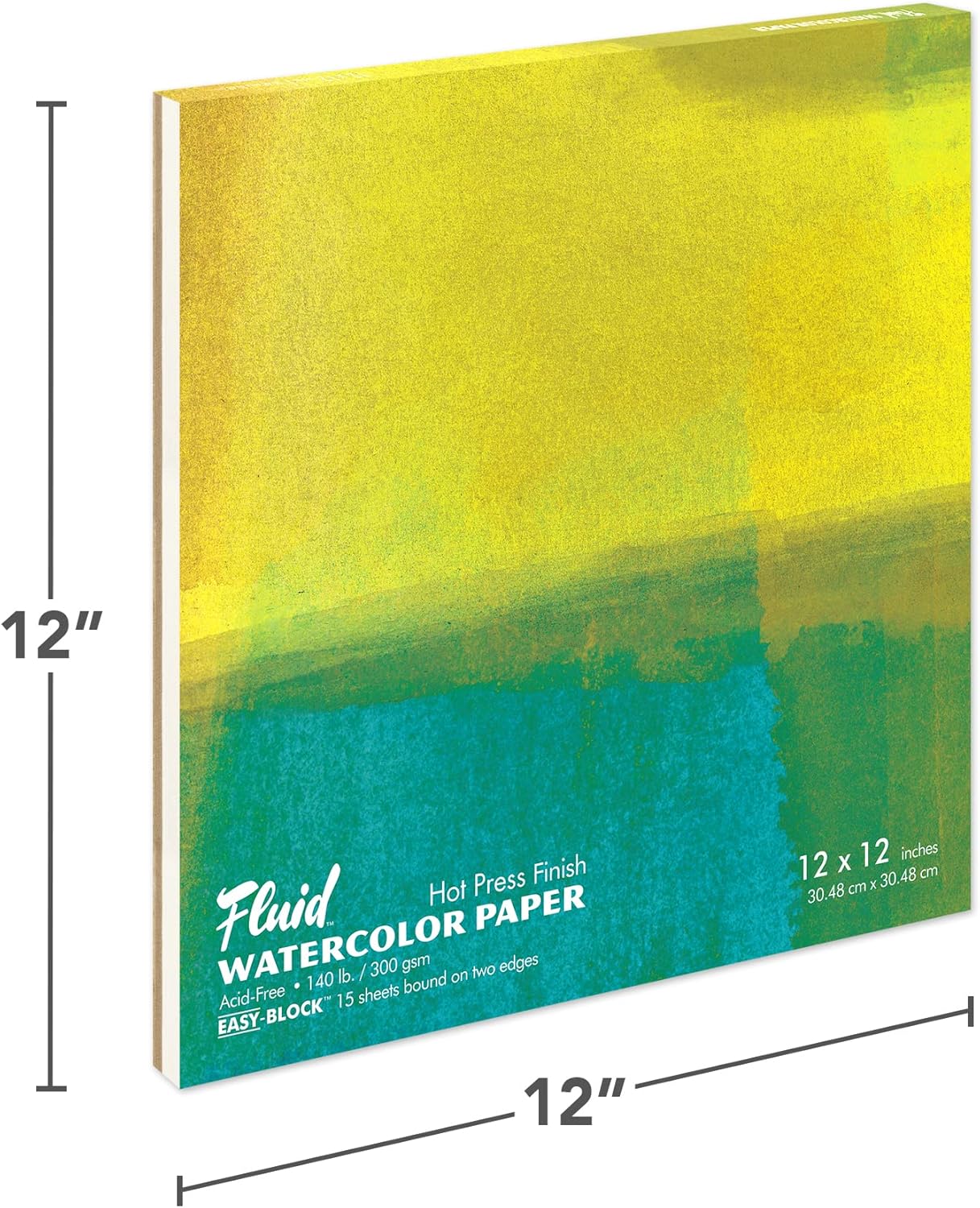 Fluid Watercolor Paper Block, 12 x 12 inches, 15 Sheets, 140 lb (300 GSM) Hot Press Pad for Artist Painting and Wet Media