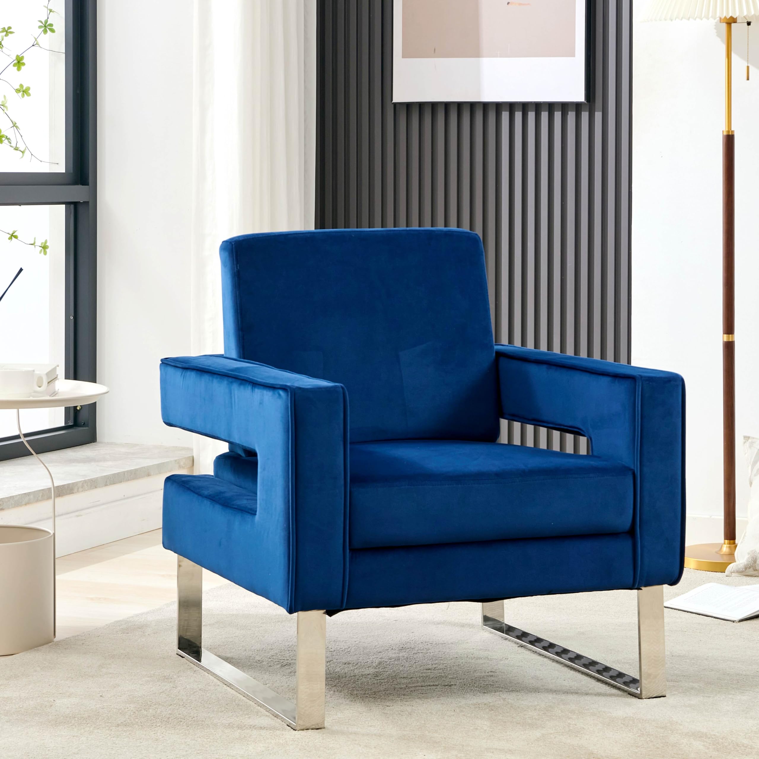 Arvasslia Velvet Accent Chair, Modern Blue Accent Chair for Living Room, Upholstered Living Room Chair for Home Office, Stainless Steel Sliver Base