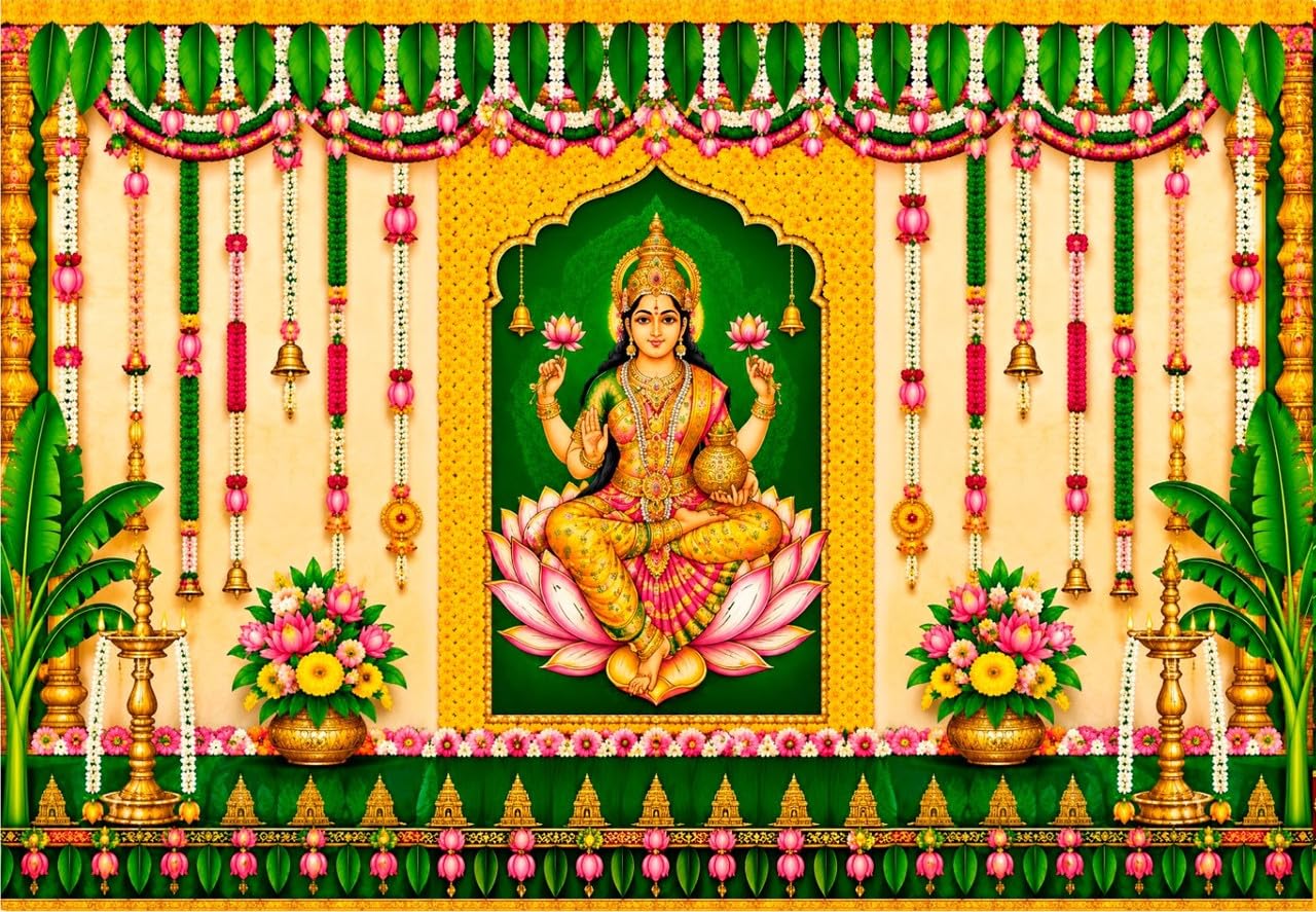 varalakshmi vratham backdrops | Mahalakshmi Puja Backdrop with Hanging Lotus Strings and Banana Trees, Festive Backdrop with Goddess Lakshmi 6x8 Feet | Back Drops for Pooja Decoration-image-35