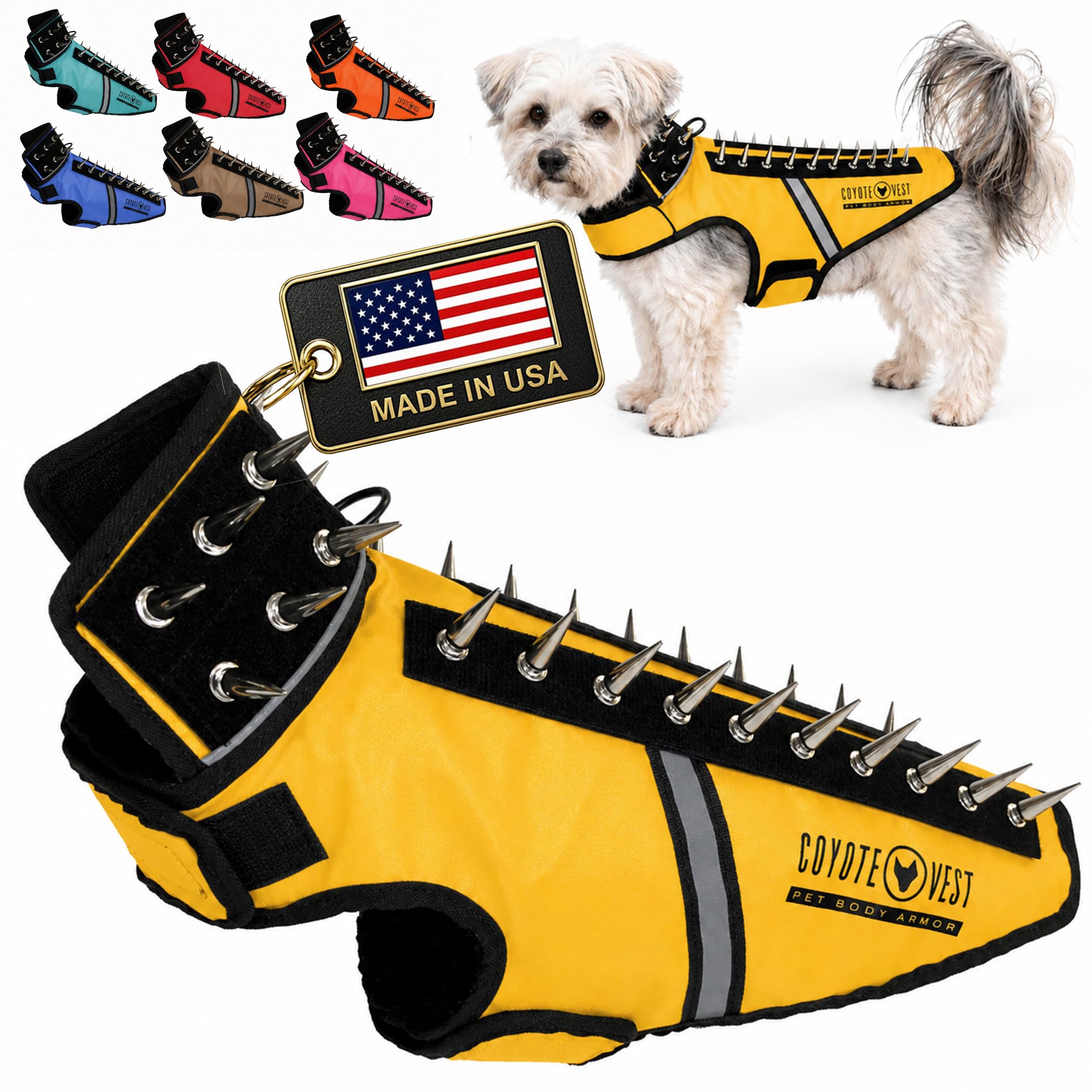 CoyoteVest SpikeVest Dog Harness Vest for Small Dogs, Reflective Dog Vest with Spikes to Shield Your pet from Coyotes, Raptor and Animal Attacks, Anti Hawk Vest, Made in USA (S-Yellow)