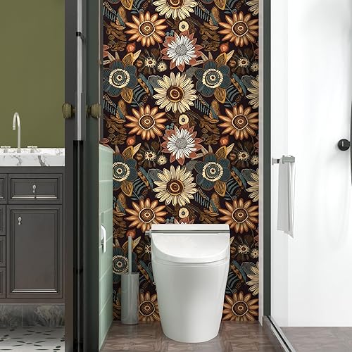 Miniatura 7 de Papel tapiz bohemio para despegar y pegar, 17.5 x 118 pulgadas, papel de pared botánico floral oscuro, impermeable, autoadhesivo, papel de contacto