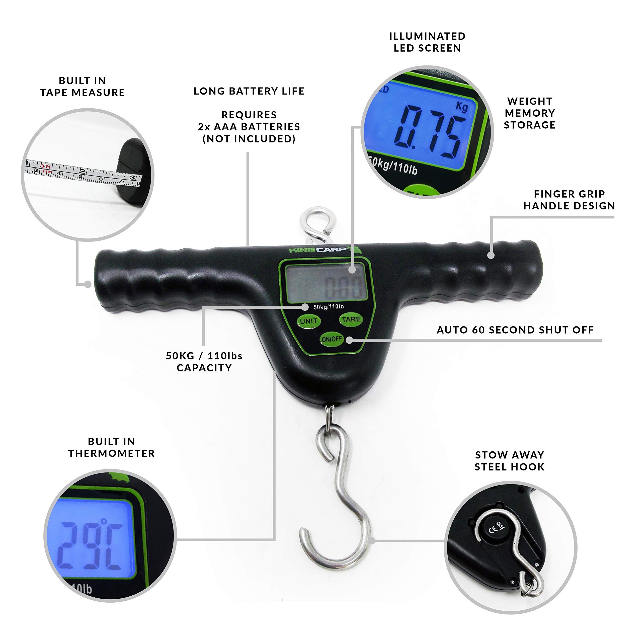 Balances de pesage numériques en T multifonctions, double affichage électronique kg/lbs T – Lot de balances – Très résistantes pour peser des spécimens de carpe jusqu’à 50 kg [36-1625-55]