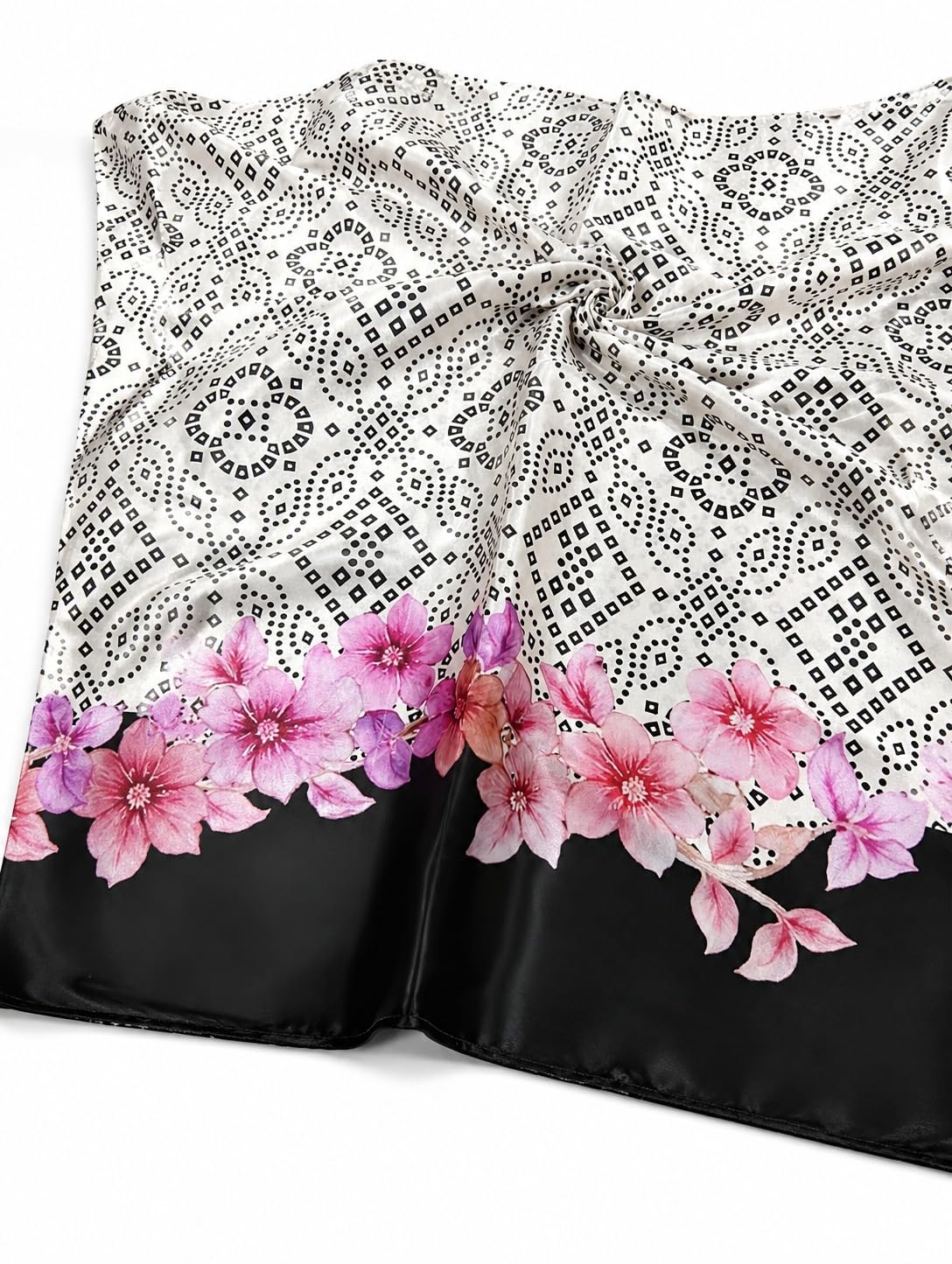 jay paras tex fab Satin Silk Unstitched Fabric for Womens Kurta & Kurti, Black & White, 2.5 Mtr, Digital Print Bandhani Dotted Pattern with Pink Floral Border-picture-36