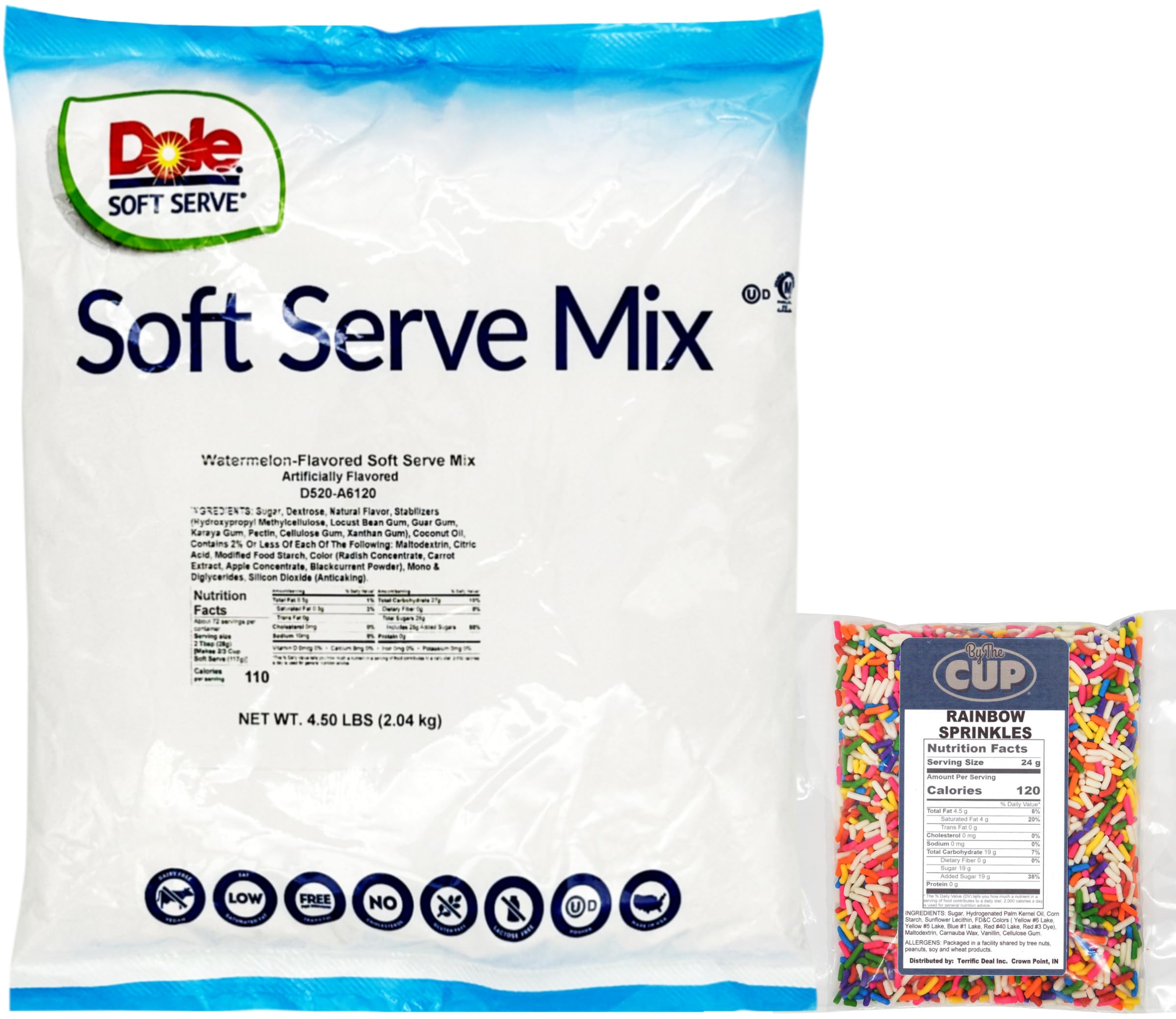 By The Cup Watermelon Soft Serve Mix, Lactose Free, Vegan, Gluten Free, 4.5 Pound Bag with Rainbow Sprinkles