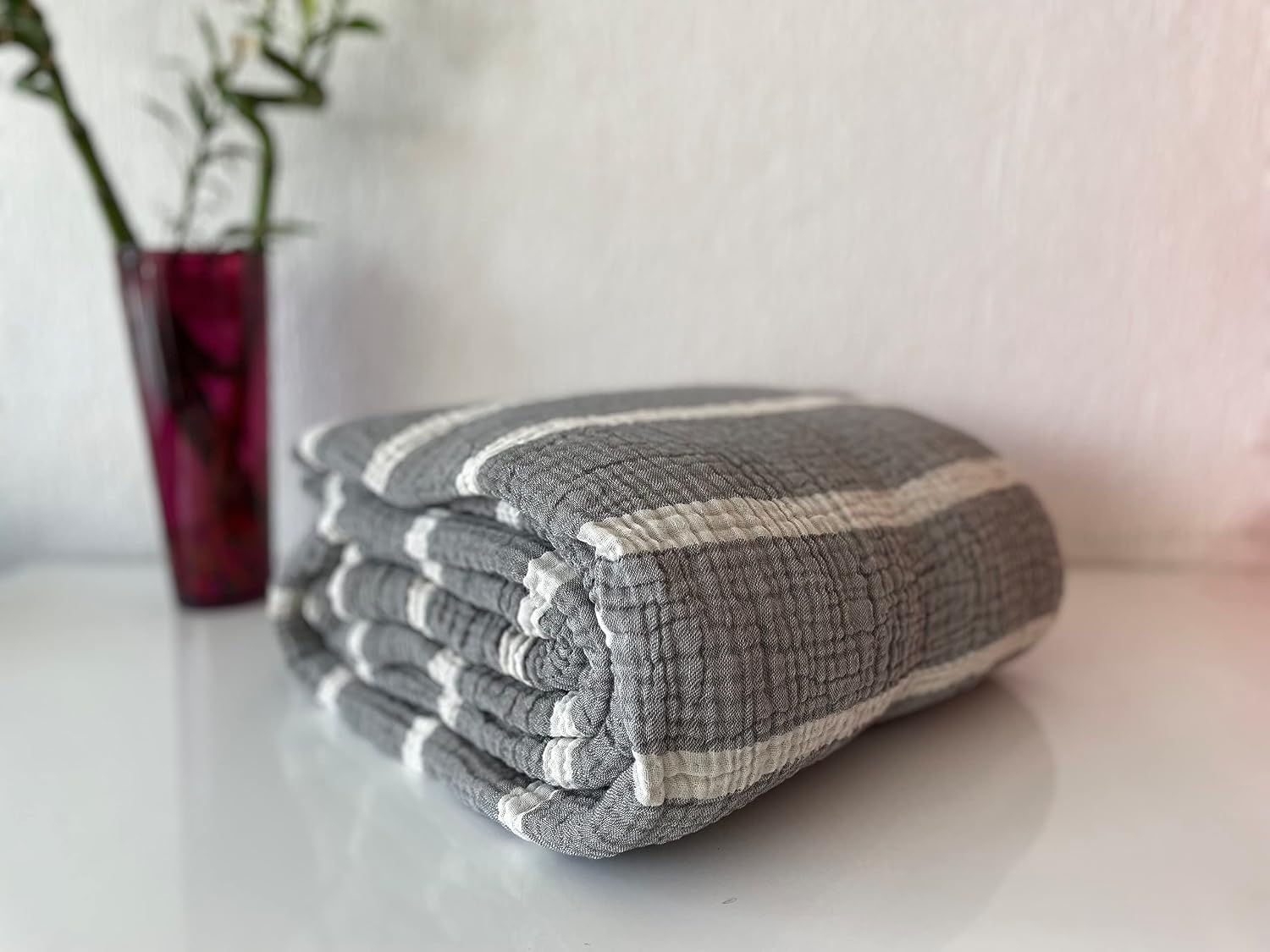100% Muslin Cotton Pillow Shams, 4 Layers Soft Turkish Cotton Pillowcases, Pillowcase ONLY – No Blanket or Bedspread Included, Striped Anthracite (King Size Two Pillowcase 20x36 (50x90cm))