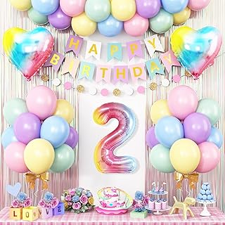 2nd Birthday Decorations Rainbow,Gradient Number 2nd Balloon,Pastel Happy Birthday Banner Fringe Curtain Heart Foil Balloons Boys Girls 2 Year Old Decor