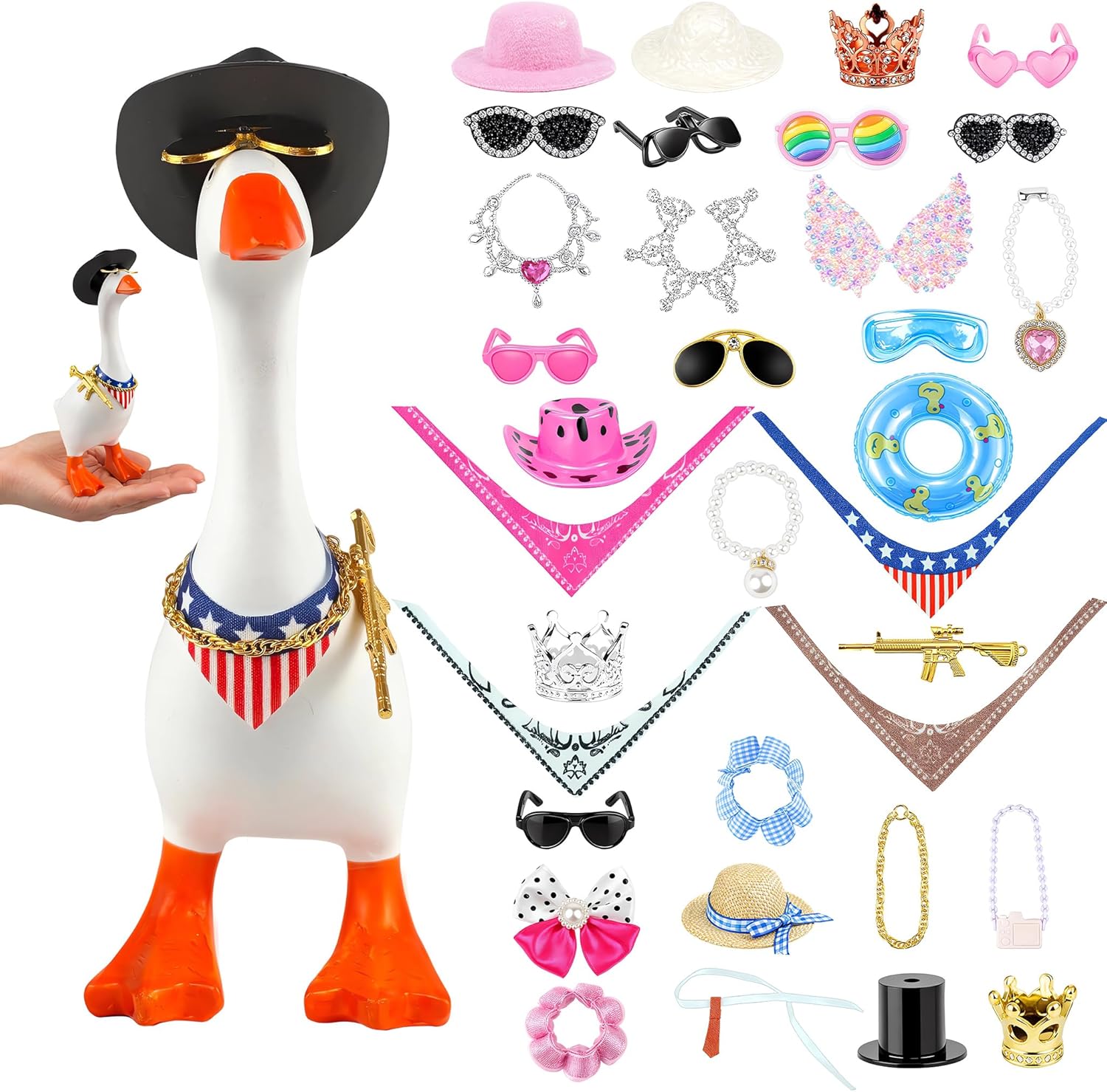 11 Sets 7 Inches Mini Desk Goose Outfits Small Desktop Goose Outfits Accessories with Mini Hat Necklace Dresses Sunglasses for Magnetic Porch Geese Key Holder Decor Gifts