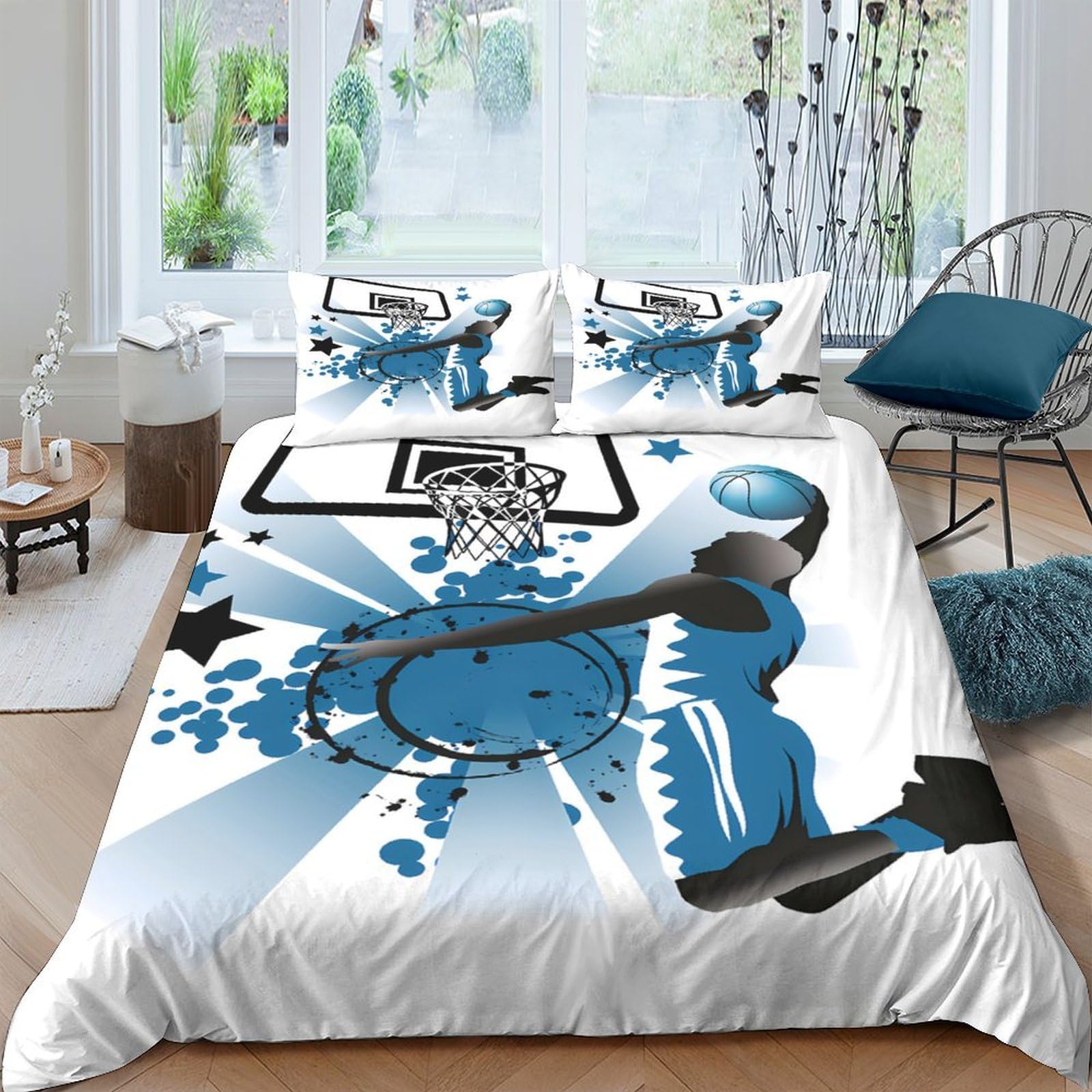 Ctjqhvkz Style-1 3D Printed Basketball Slam Dunk Fitted Sheet Microfiber Soft Blue Sports Mattress Cover For Bedroom Dorm Decor Protection Single（135X200cm）
