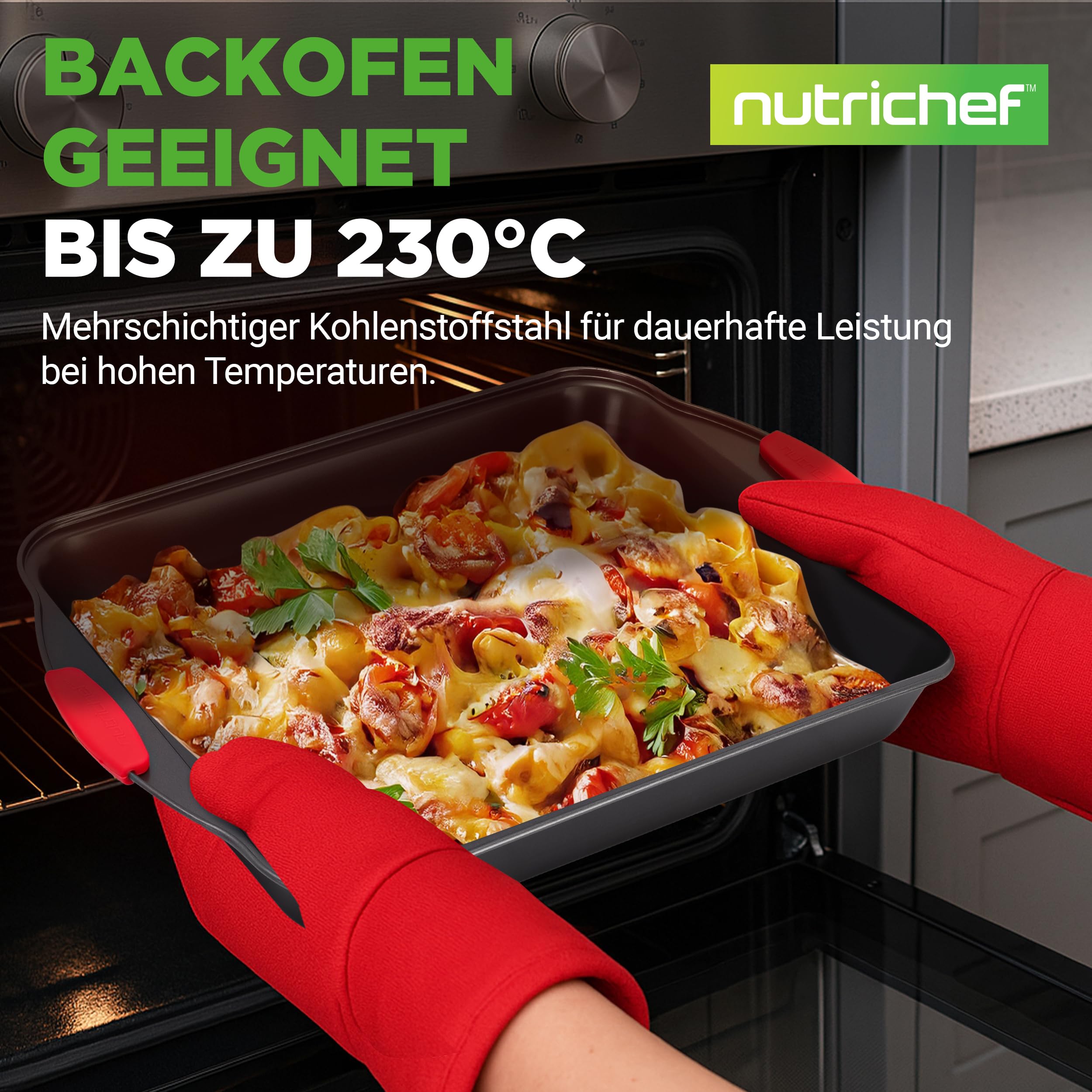 NutriChef Backset 8-teilig – Backblech, Brotbackform, Muffinform, Pizzablech Antihaft & spülmaschinenfest, platzsparend stapelbar, hitzebeständig & lebensmittelecht