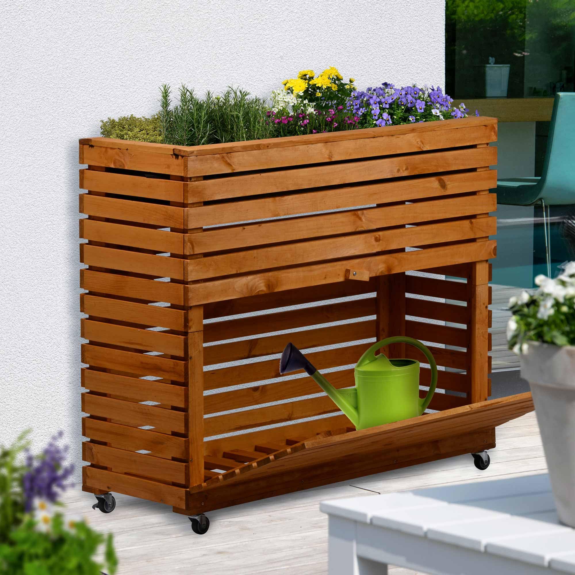 dobar® Grande Plate-Bande surélevée Rolla en Bois Massif avec roulettes Taille XL Jardinière surélevée avec Compartiment de Rangement 72 x 32,5 x 78 cm Marron