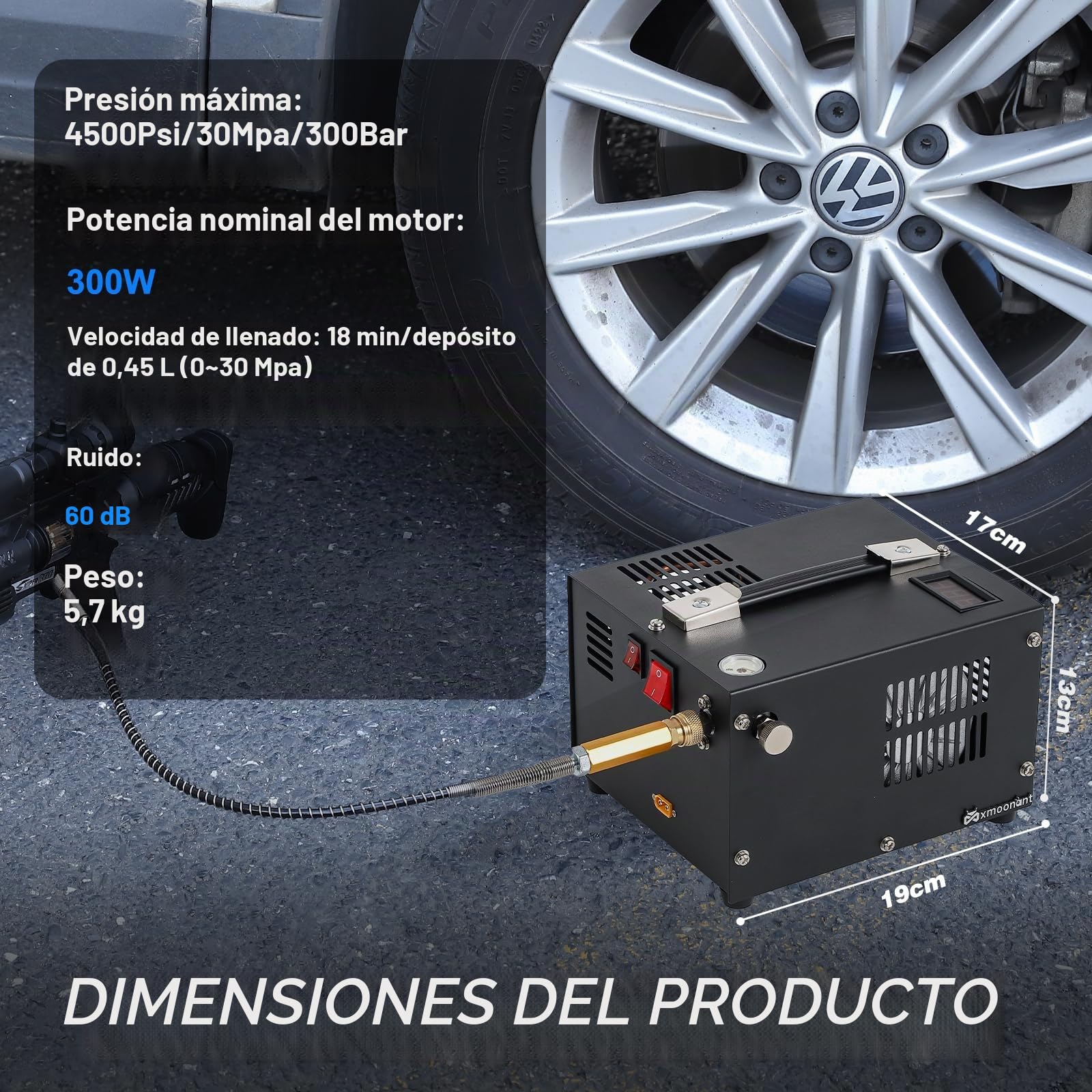 Mxmoonant 300bar / 4500psi / 30mpa Pcp Compresor de Aire, para Airsoft, Pistolas de Paintball, Coche, Alimentado por Automóvil Doméstico DC12V o 220V AC | Sin aceite y agua, pantalla de temperatura, compacto, para PCP/Airsoft/Paintball